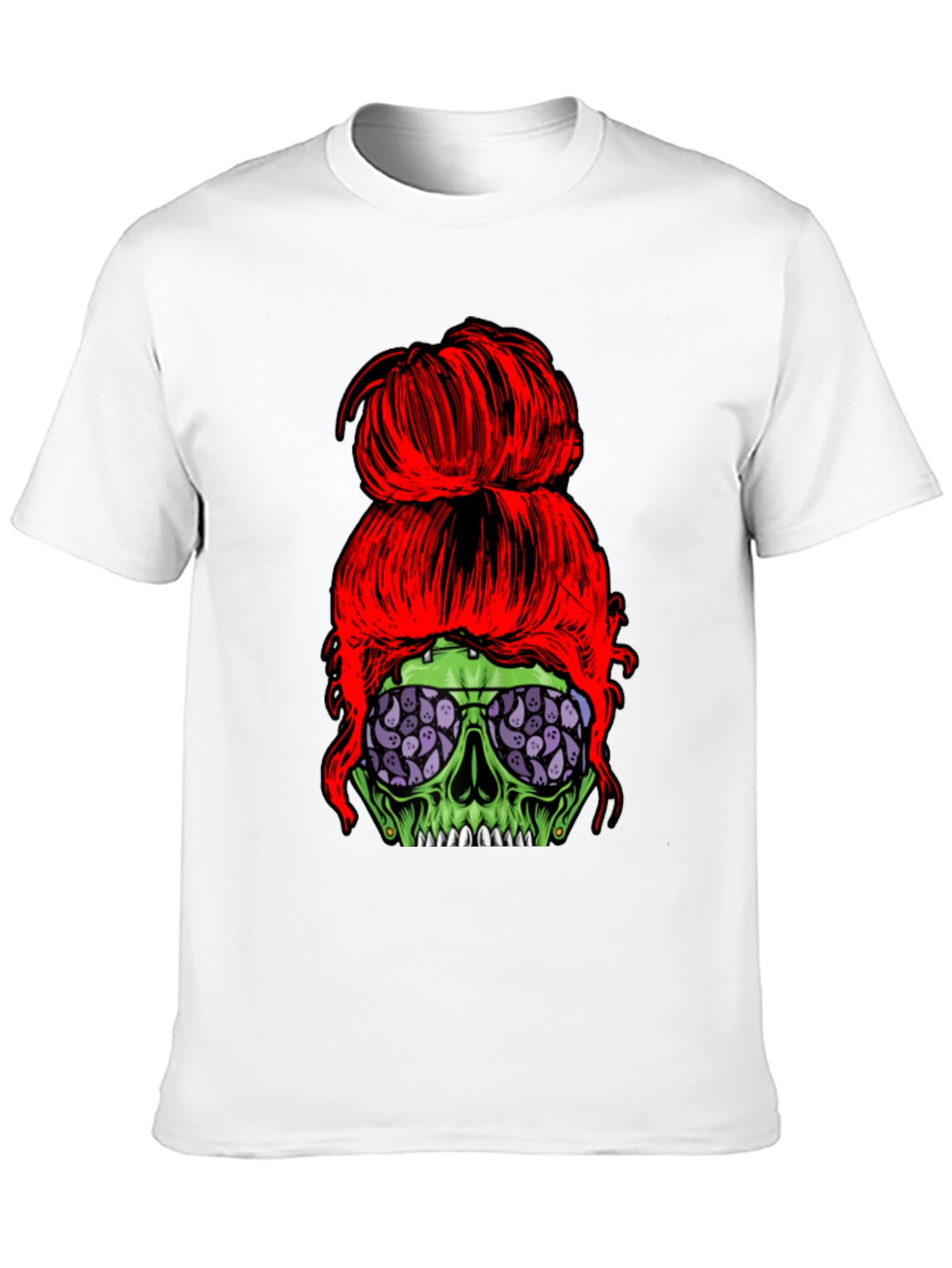 Messy Bun Zombie Skull T-Shirt - Halloween Style