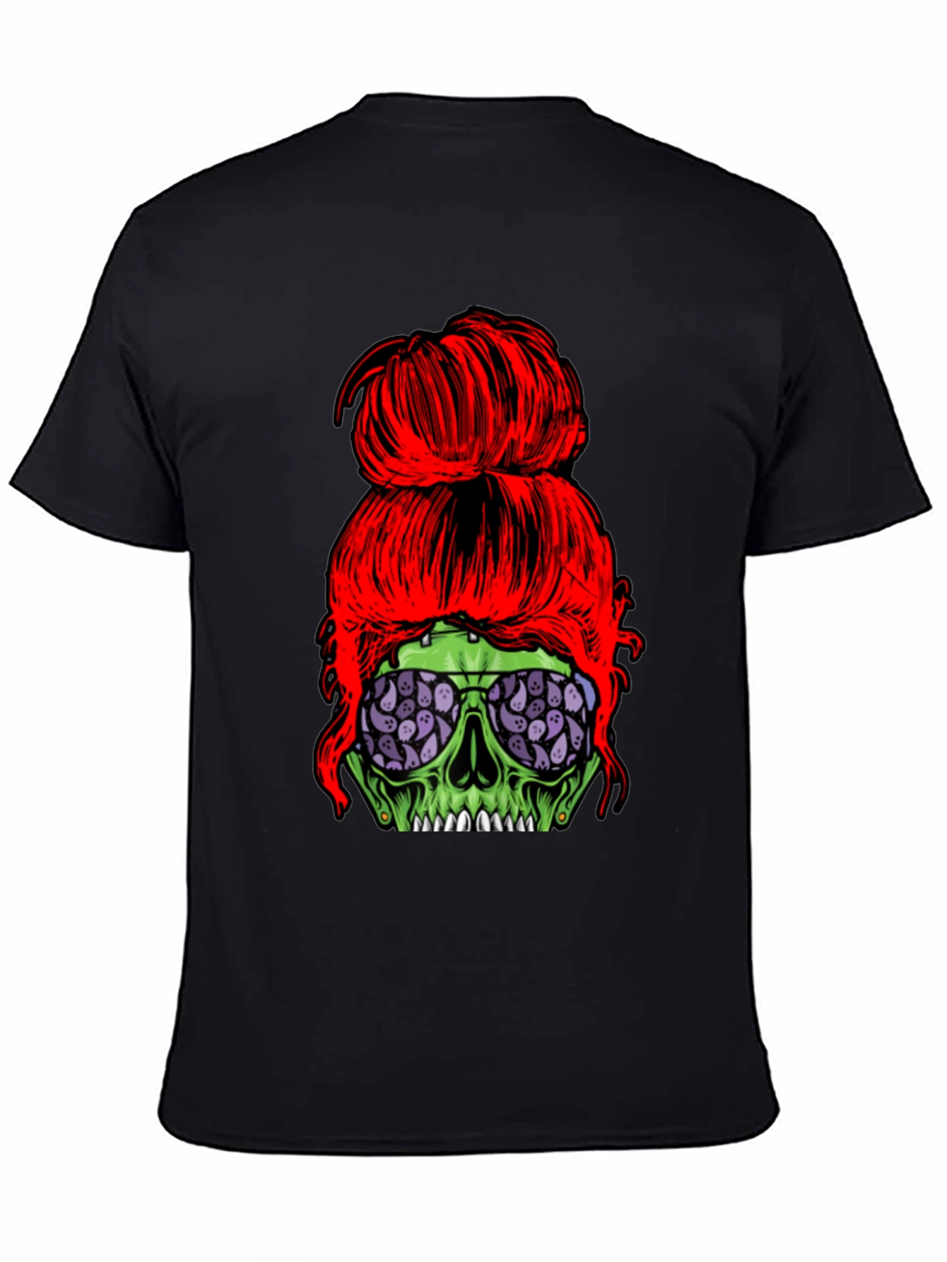 Messy Bun Zombie Skull T-Shirt - Halloween Style