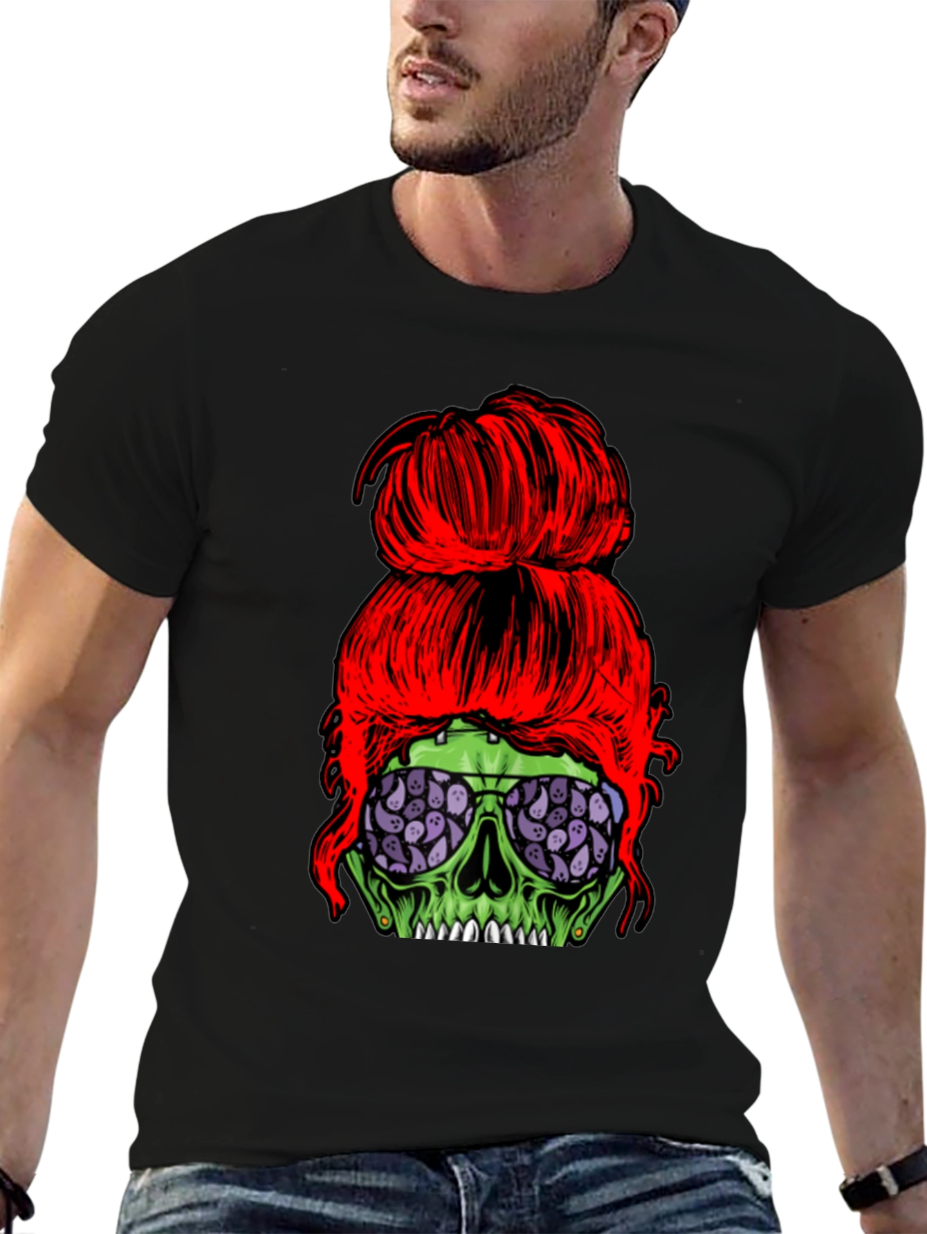 Messy Bun Zombie Skull T-Shirt - Halloween Style