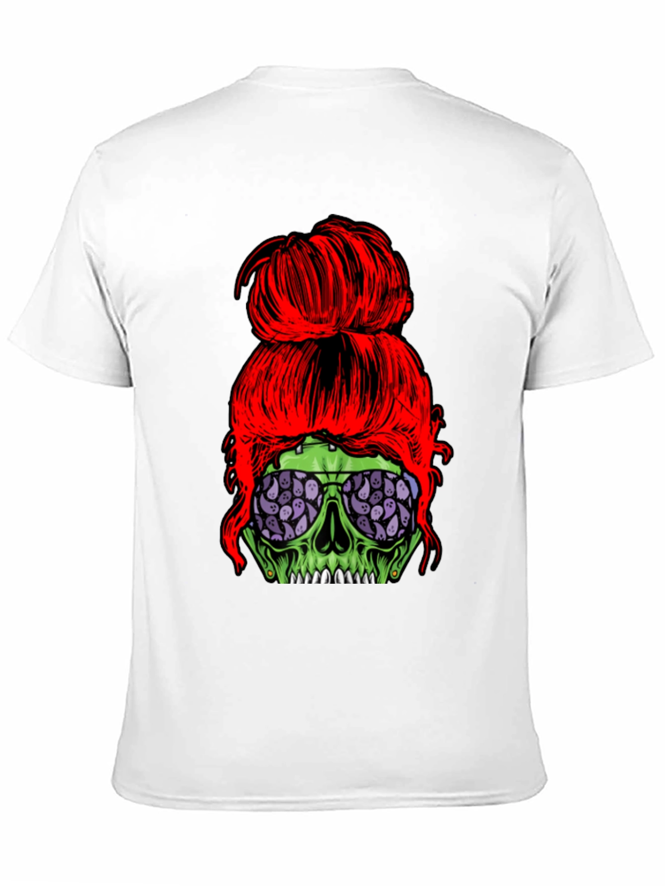 Messy Bun Zombie Skull T-Shirt - Halloween Style