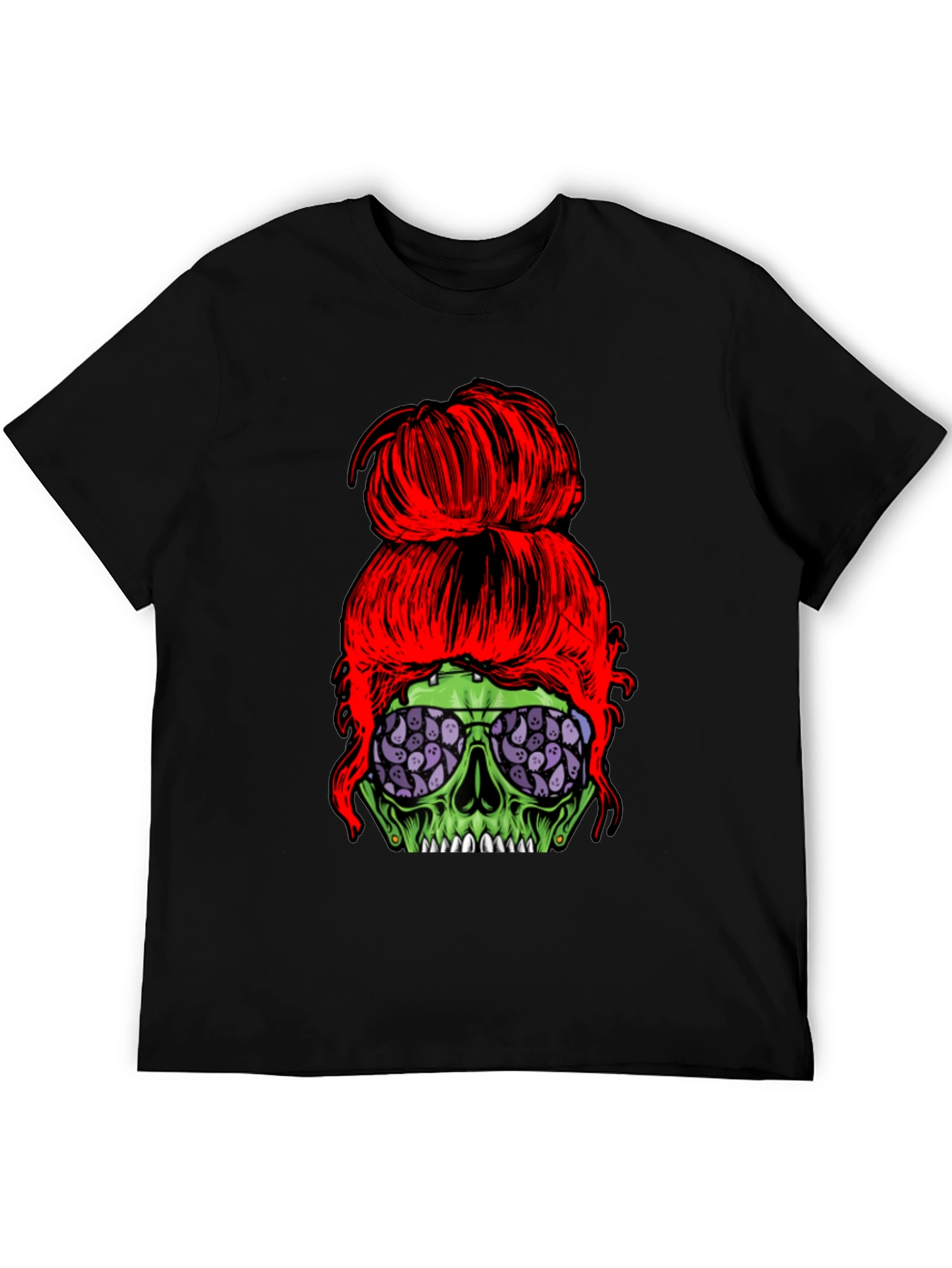 Messy Bun Zombie Skull T-Shirt - Halloween Style