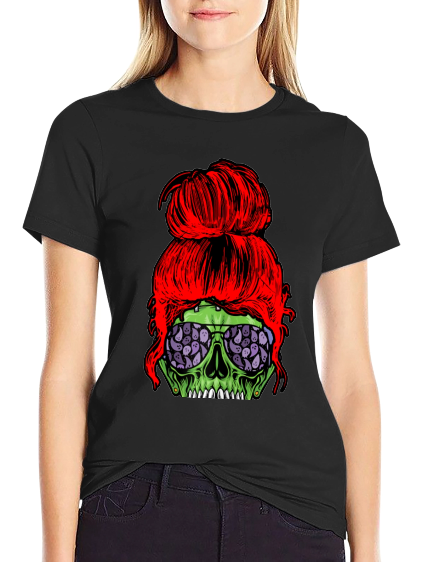 Messy Bun Zombie Skull T-Shirt - Halloween Style