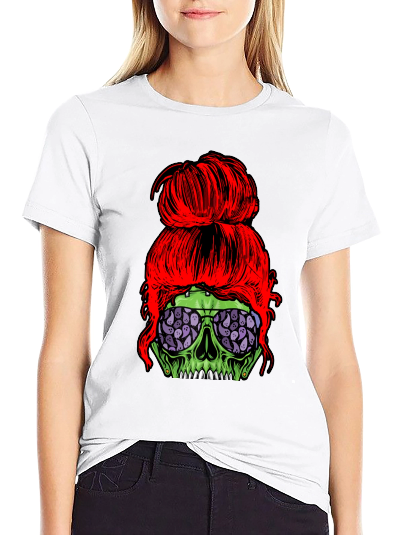 Messy Bun Zombie Skull T-Shirt - Halloween Style