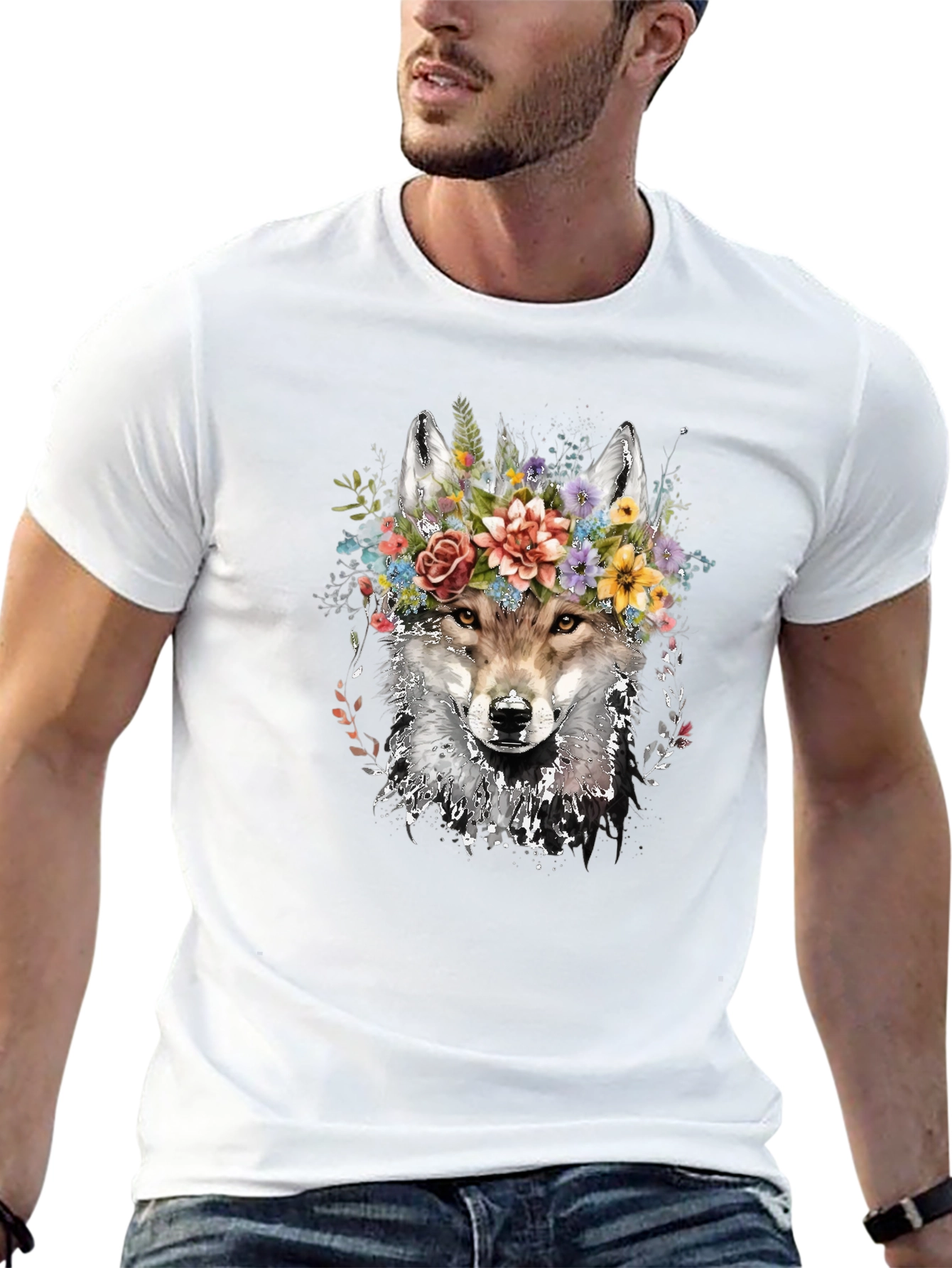 Wolf with Floral Crown Graphic Tee