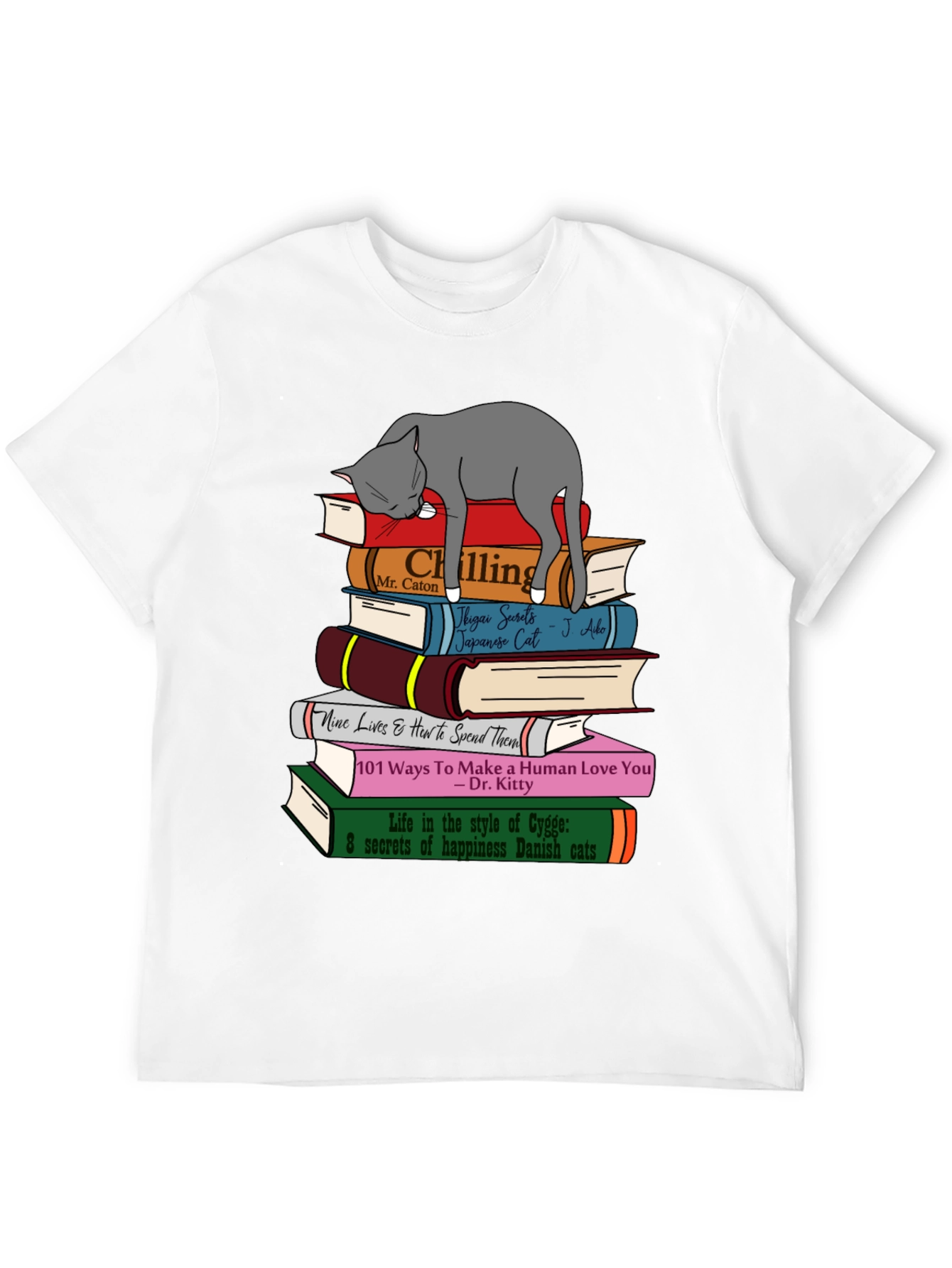 Cat Lover T-Shirt: Book Stack & Sleeping Cat Design
