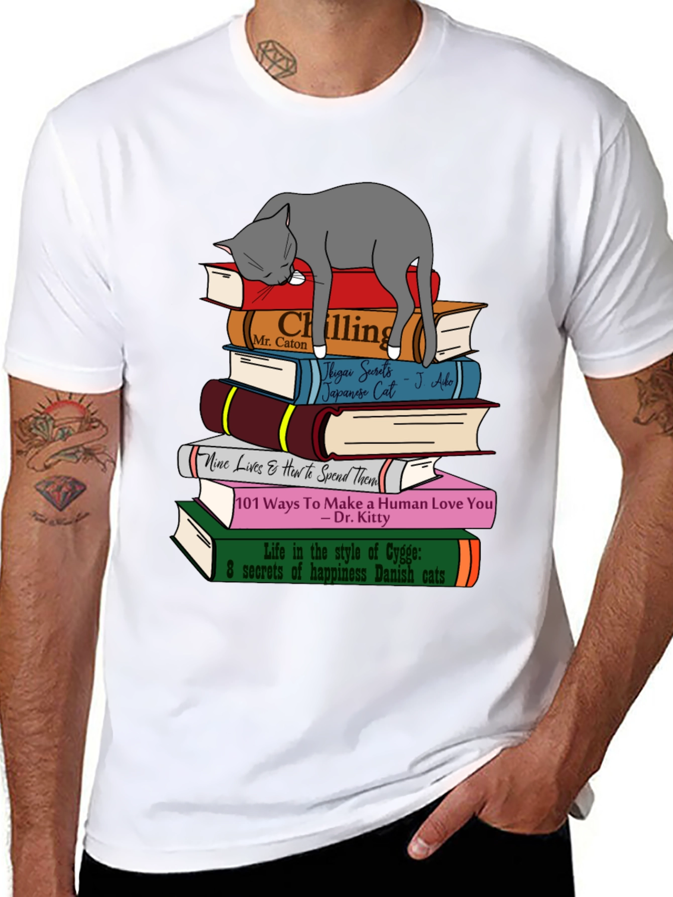 Cat Lover T-Shirt: Book Stack & Sleeping Cat Design