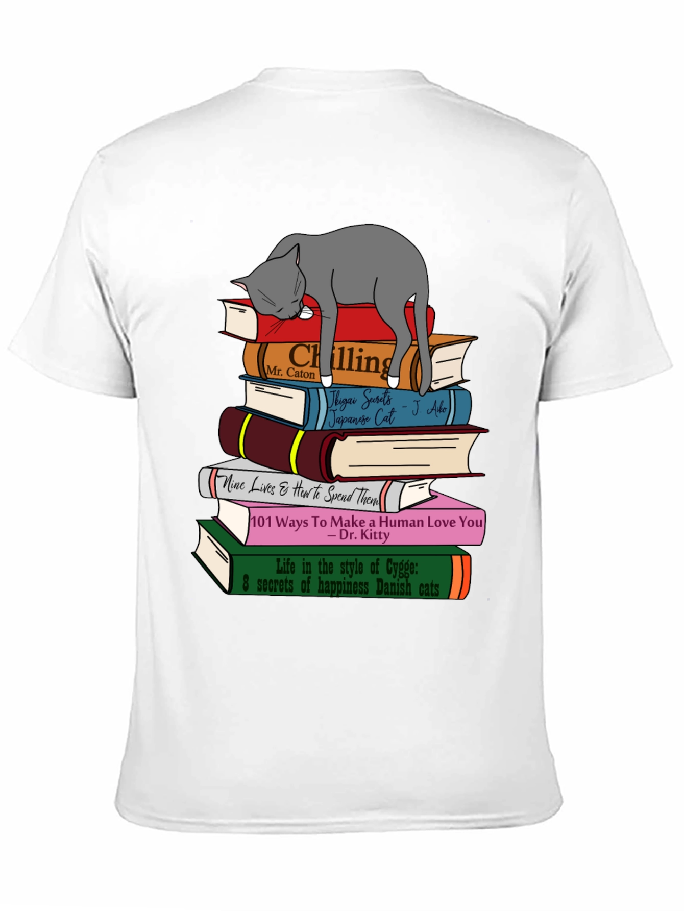 Cat Lover T-Shirt: Book Stack & Sleeping Cat Design
