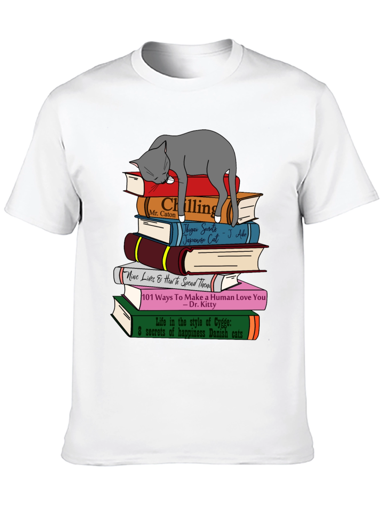 Cat Lover T-Shirt: Book Stack & Sleeping Cat Design