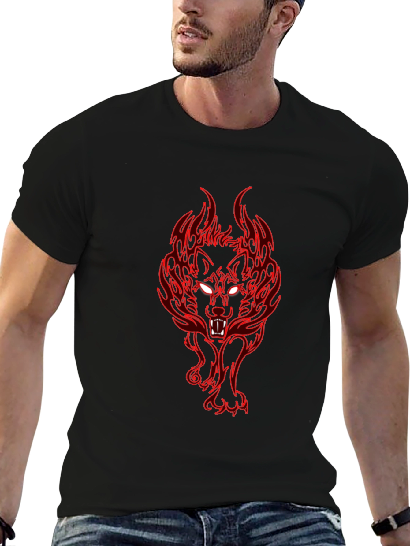 Fiery Wolf Graphic Tee - Black Cotton T-Shirt