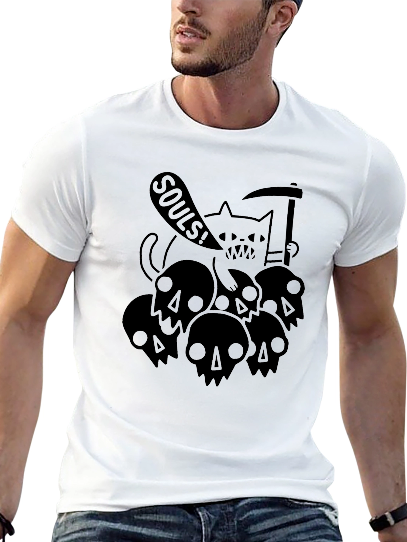 Grim Reaper Cat Souls Graphic Black T-Shirt