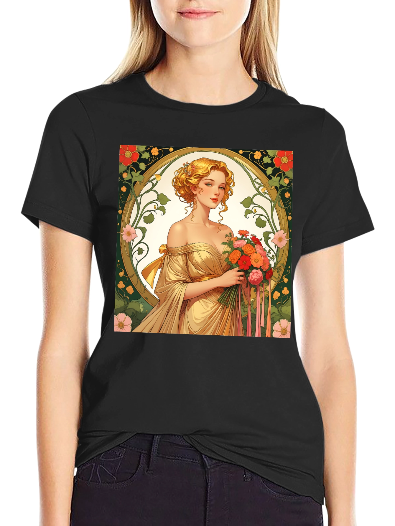Art Nouveau Lady T-Shirt - Elegant Floral Design