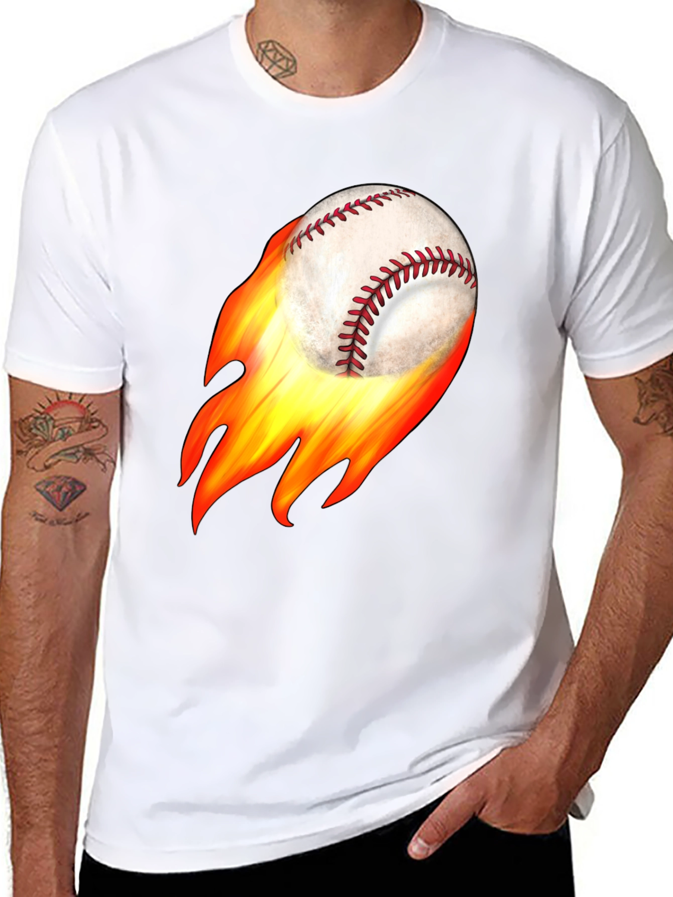 Flaming Baseball Graphic Tee - Black Cotton T-Shirt