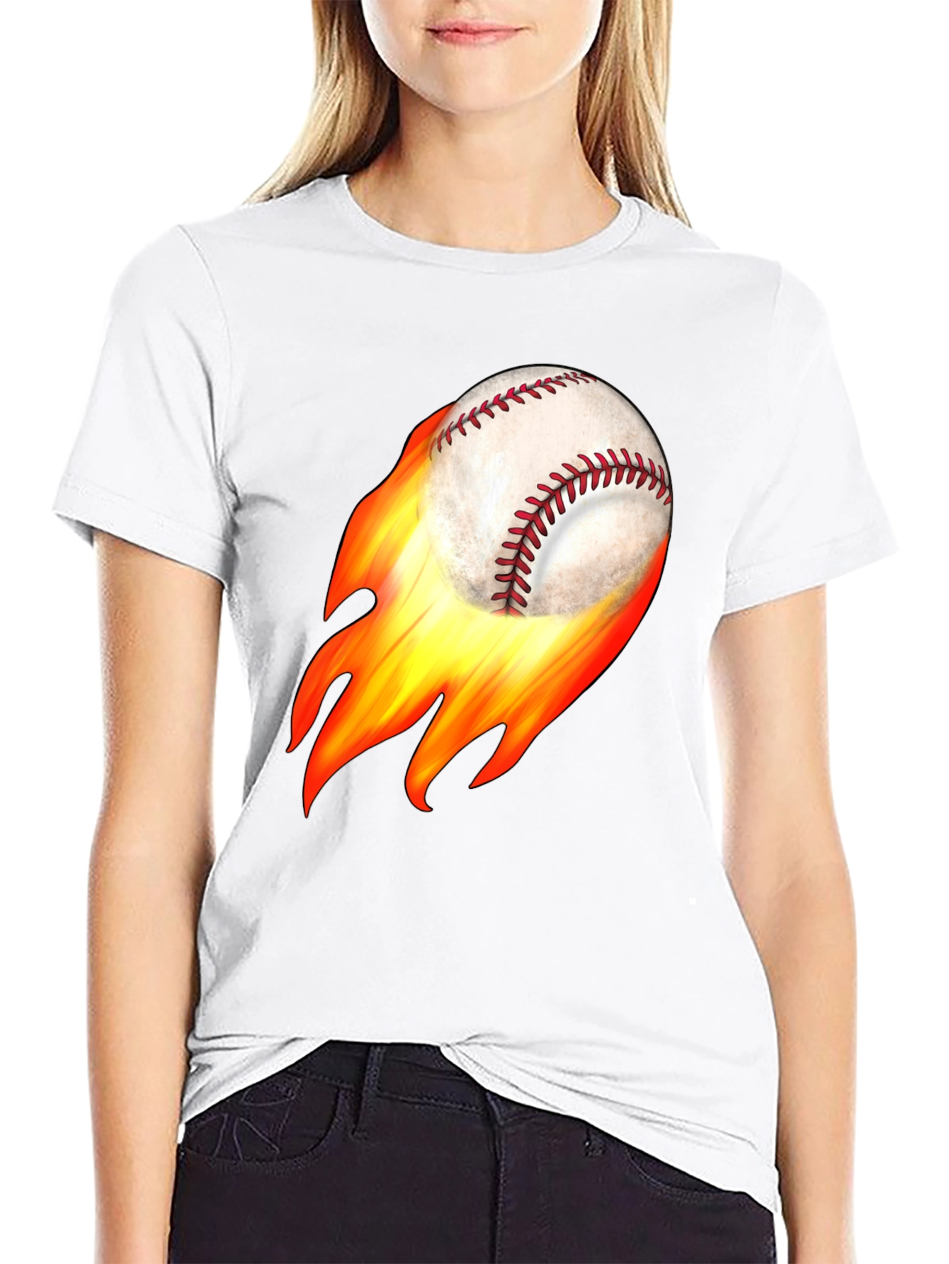 Flaming Baseball Graphic Tee - Black Cotton T-Shirt