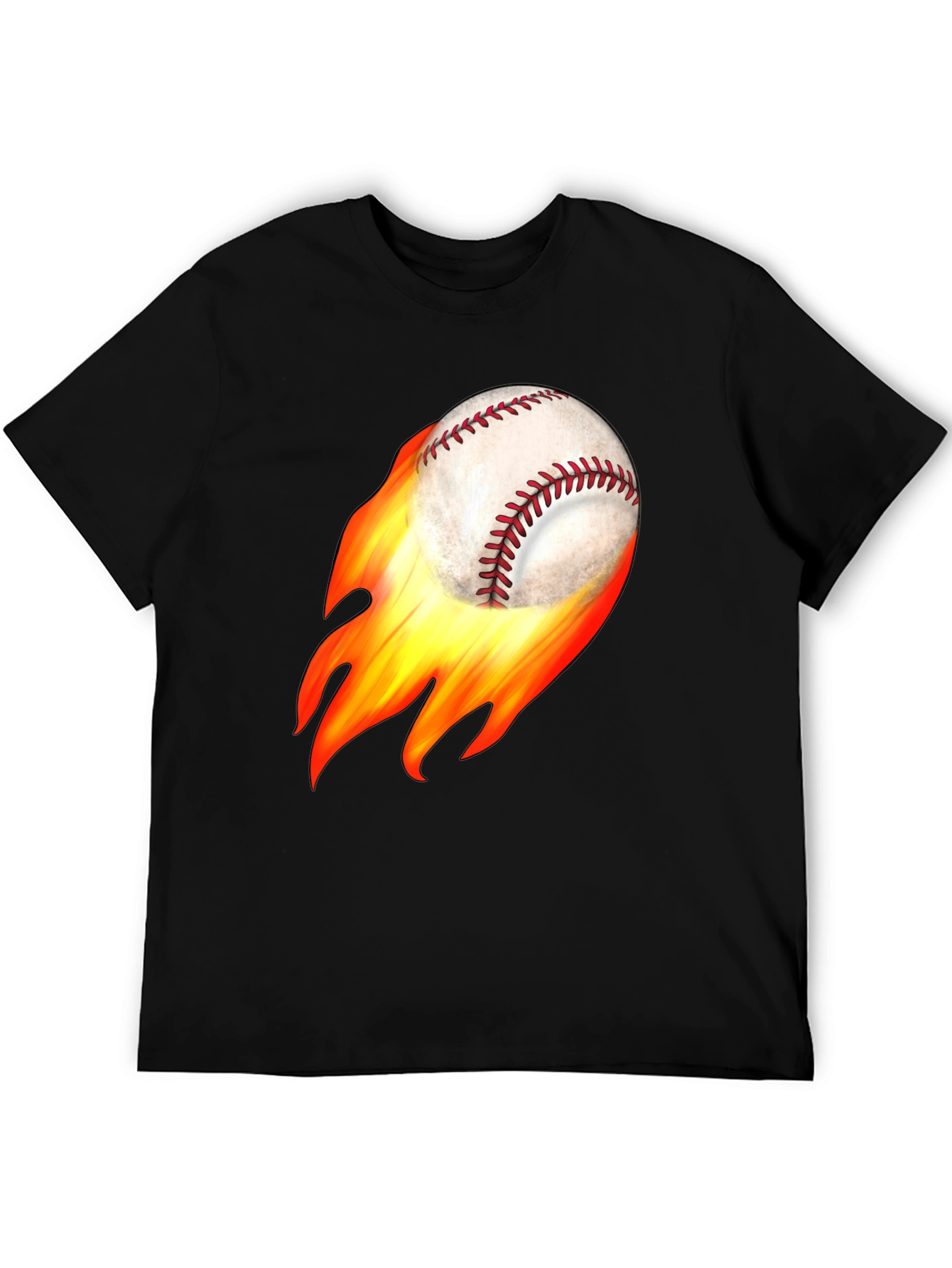 Flaming Baseball Graphic Tee - Black Cotton T-Shirt