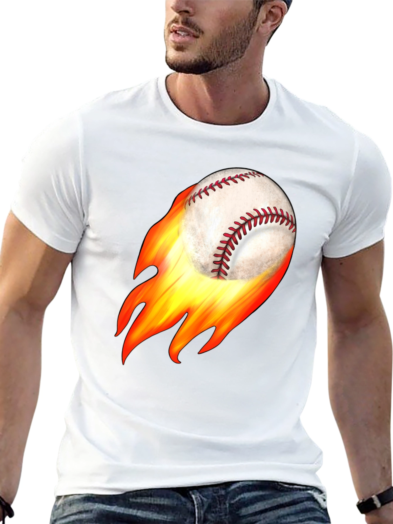Flaming Baseball Graphic Tee - Black Cotton T-Shirt