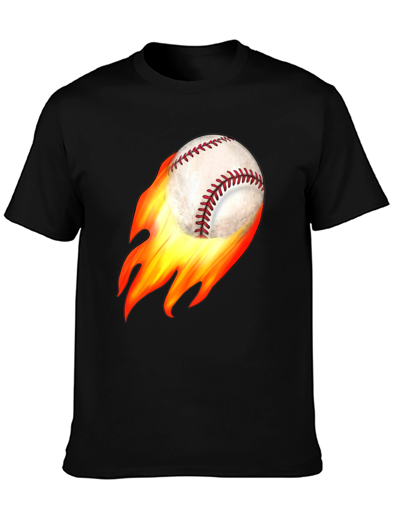 Flaming Baseball Graphic Tee - Black Cotton T-Shirt