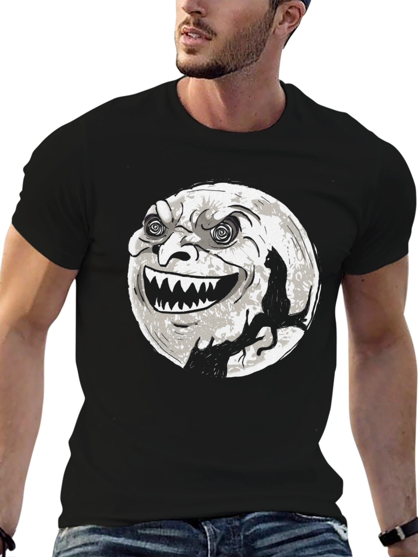 Spooky Moon Cat Graphic Tee - Halloween Shirt