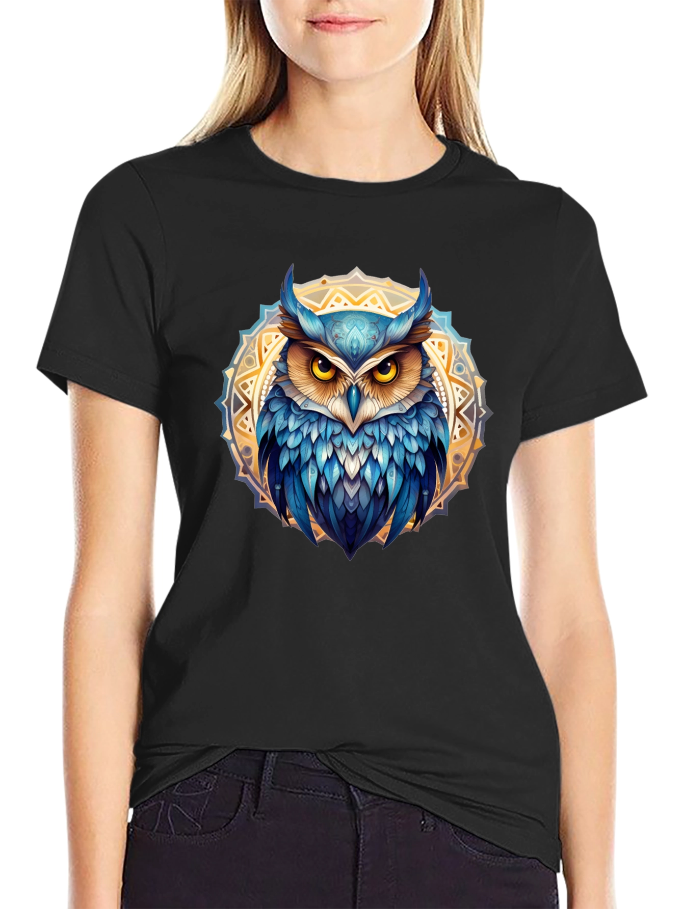 Owl Mandala T-Shirt - Blue & Gold Design