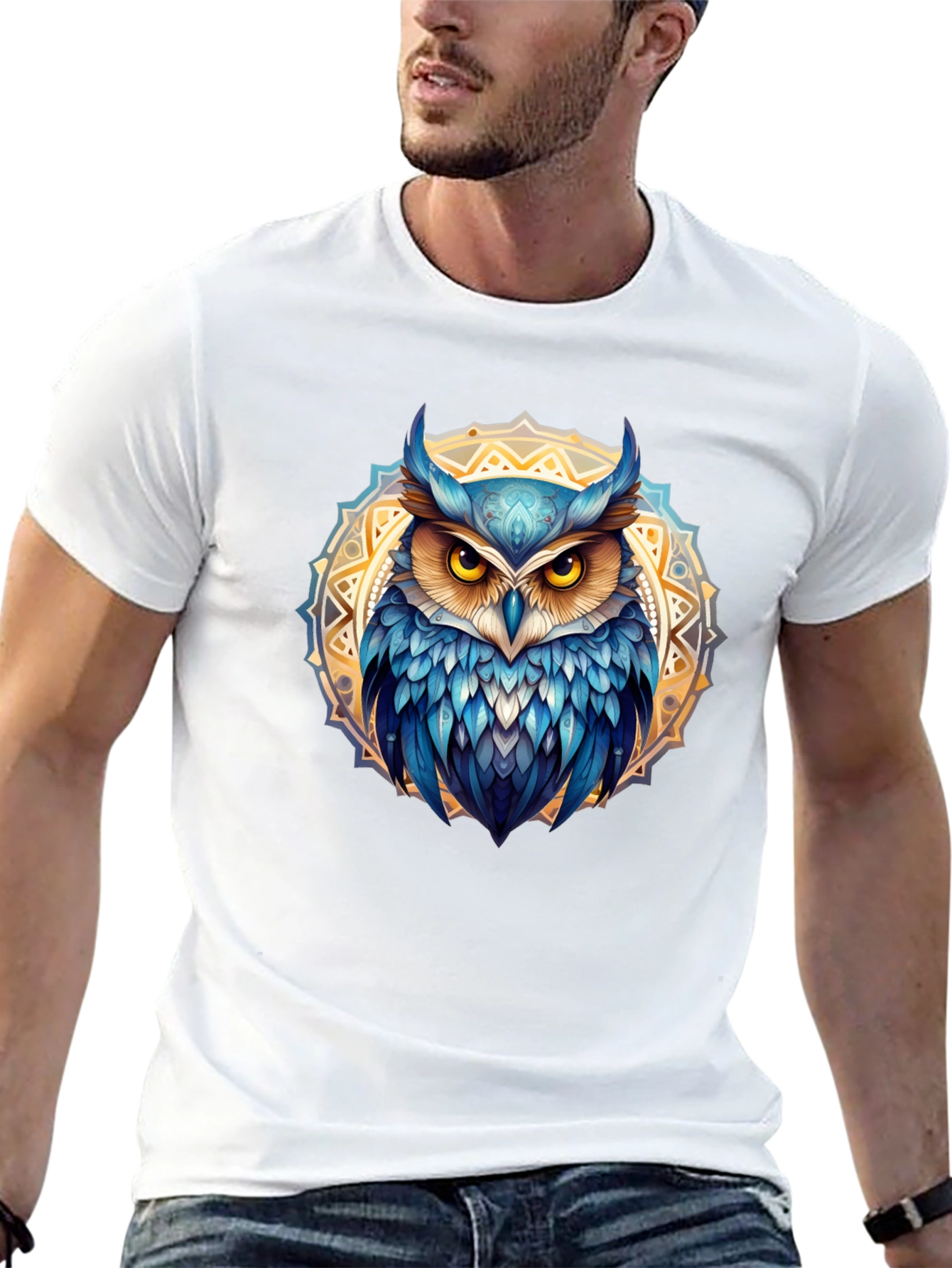 Owl Mandala T-Shirt - Blue & Gold Design