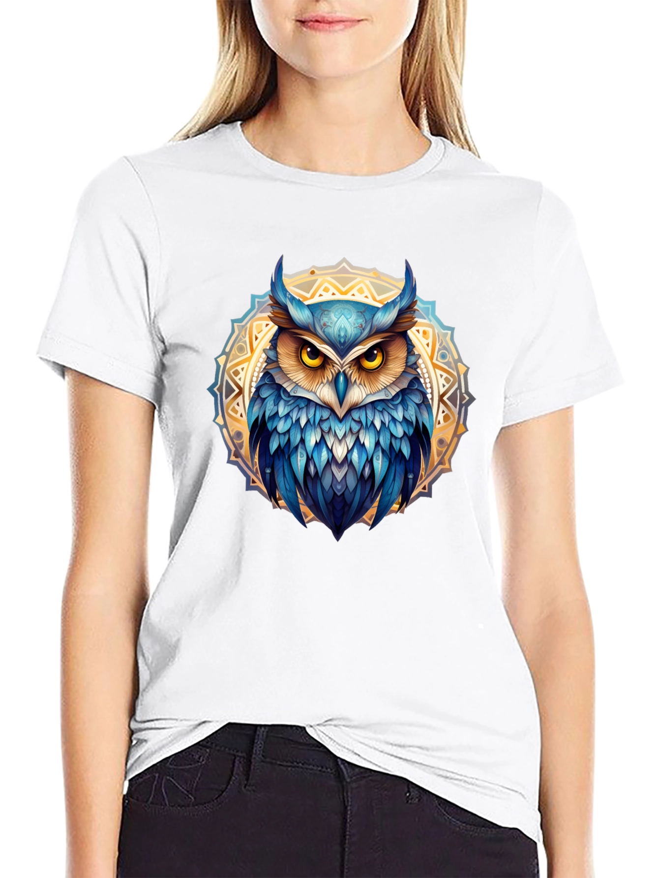 Owl Mandala T-Shirt - Blue & Gold Design