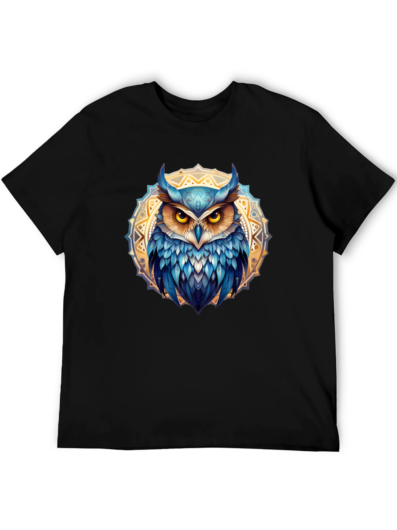 Owl Mandala T-Shirt - Blue & Gold Design