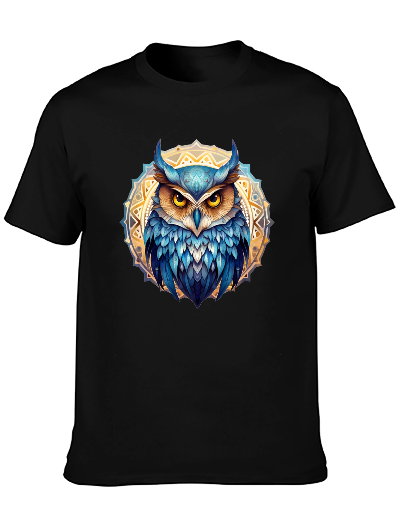 Owl Mandala T-Shirt - Blue & Gold Design