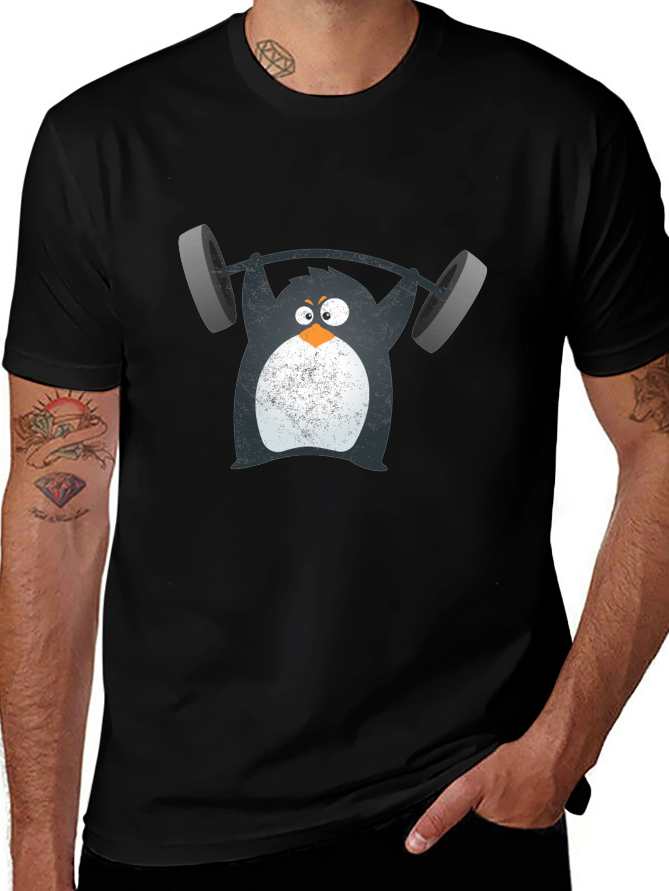 Penguin Lifting Weights Graphic Tee - Black Cotton T-Shirt