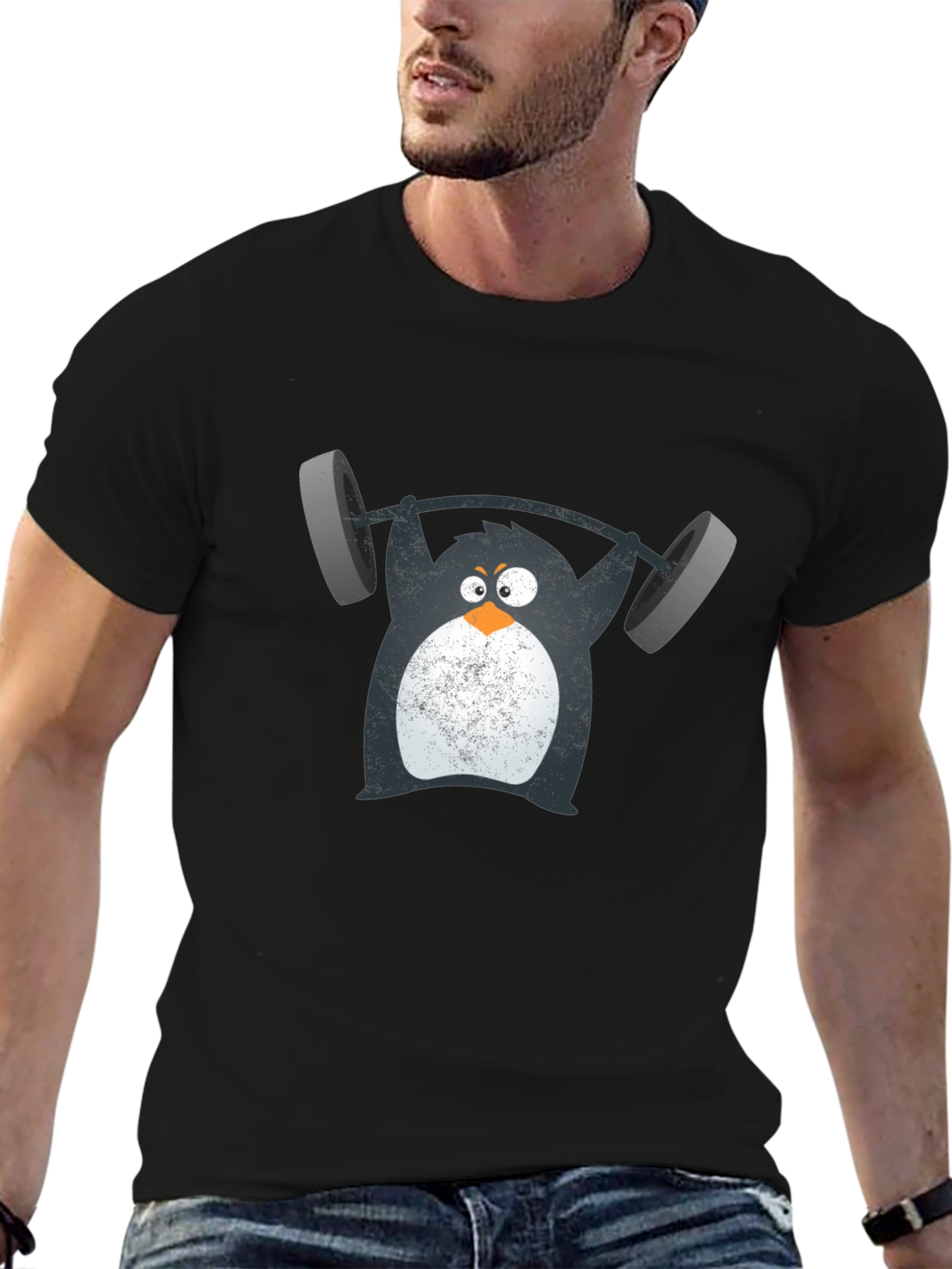 Penguin Lifting Weights Graphic Tee - Black Cotton T-Shirt