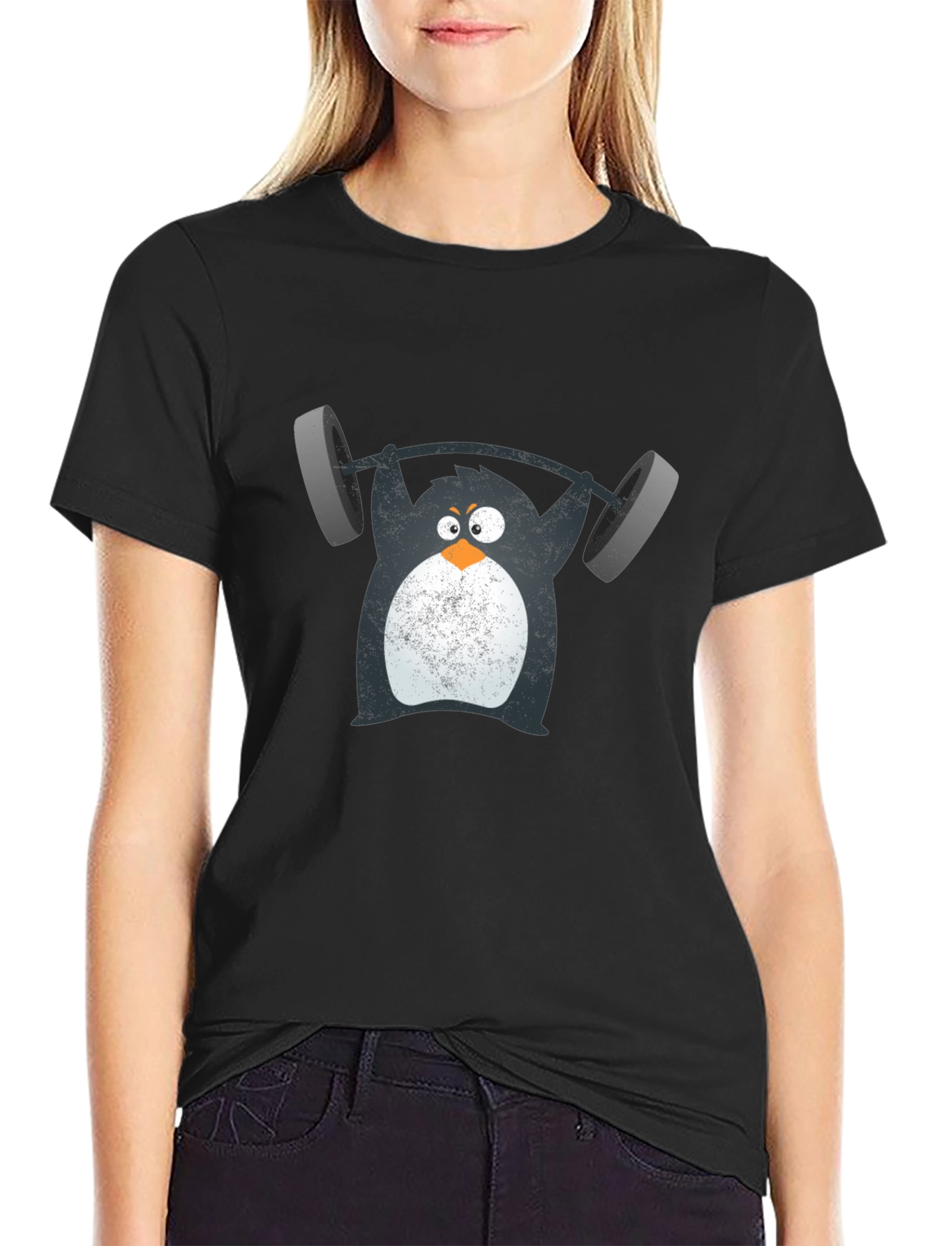 Penguin Lifting Weights Graphic Tee - Black Cotton T-Shirt