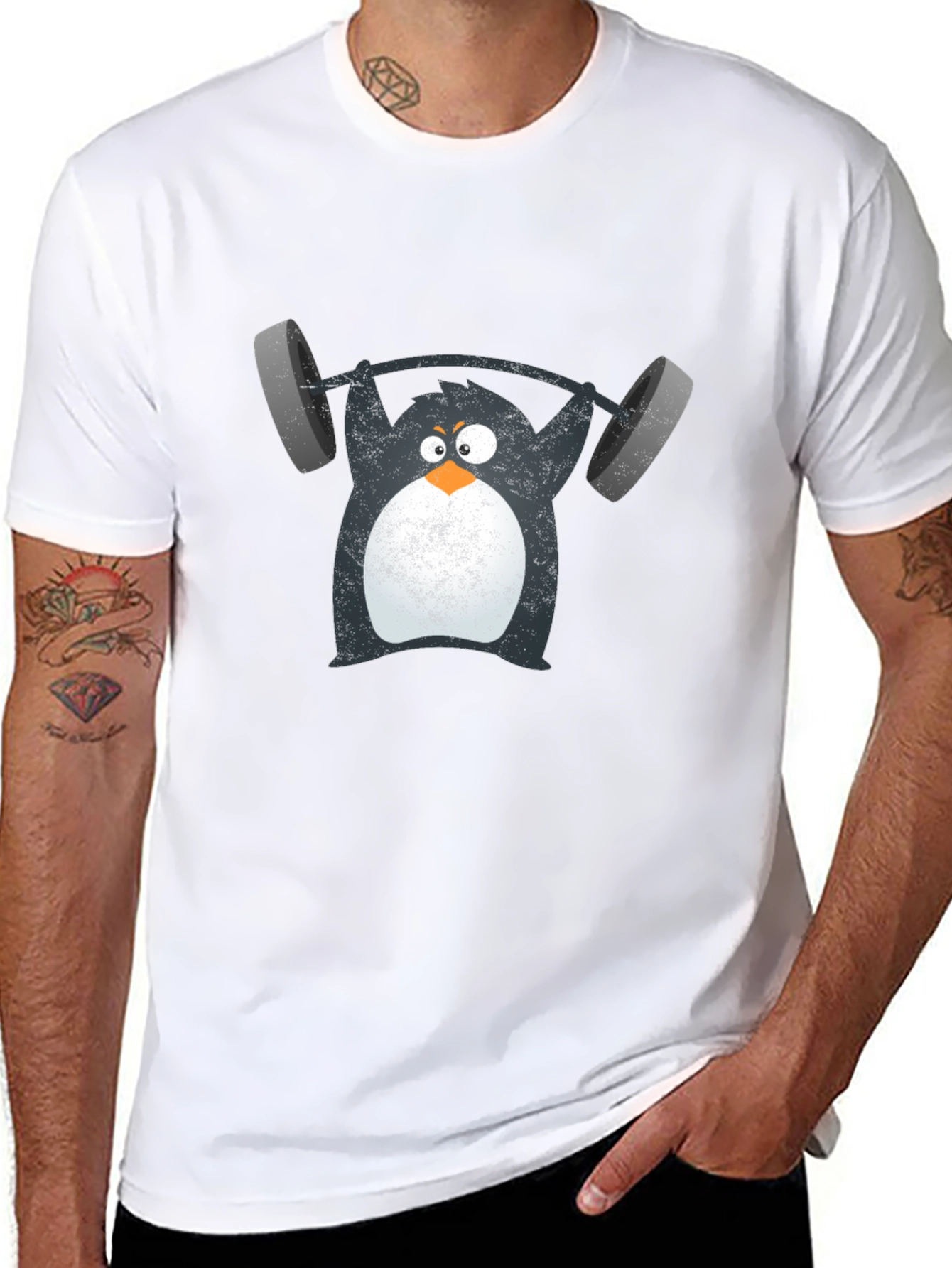 Penguin Lifting Weights Graphic Tee - Black Cotton T-Shirt