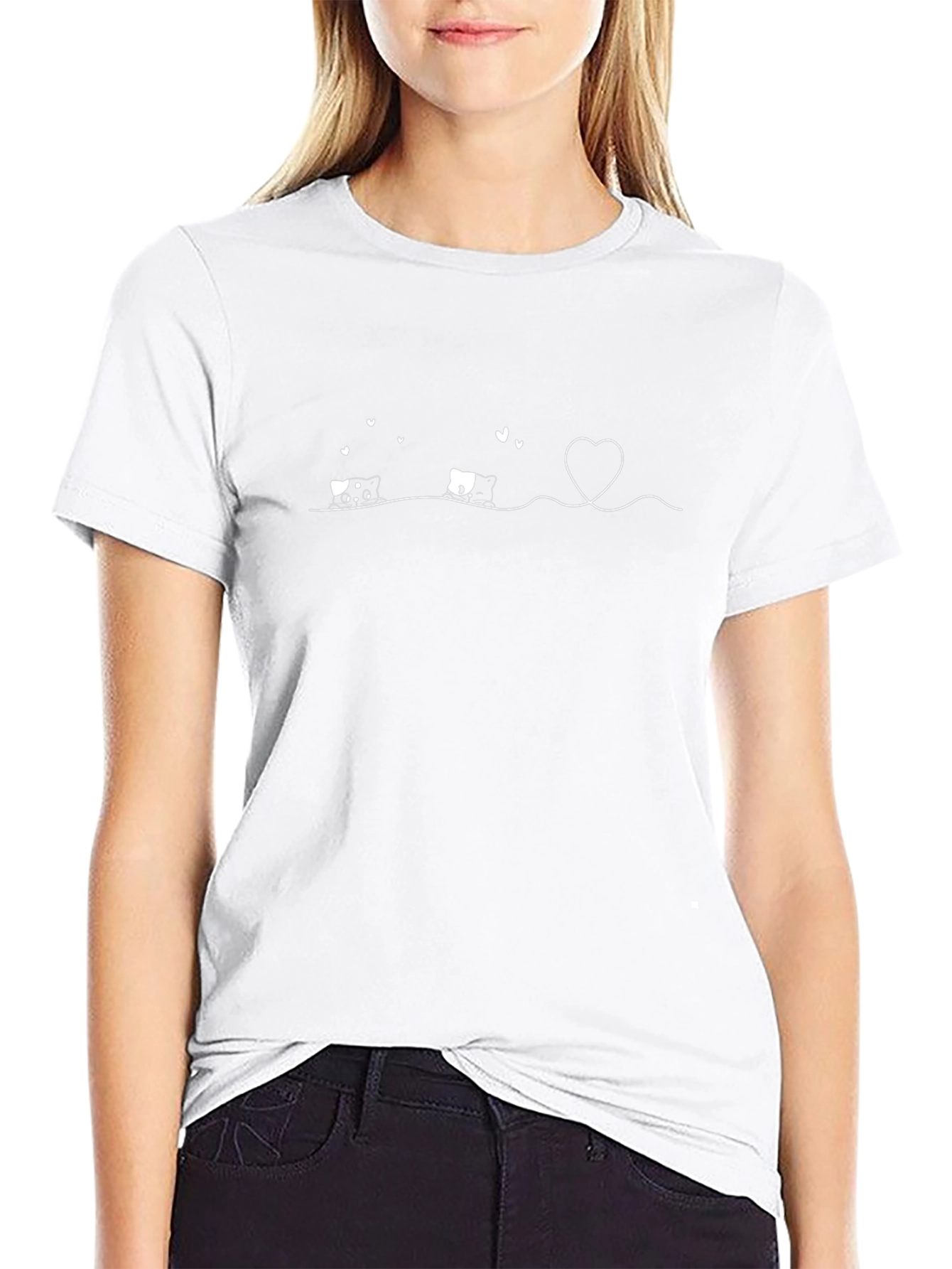Cute Cats Heart Line Graphic Tee - Black