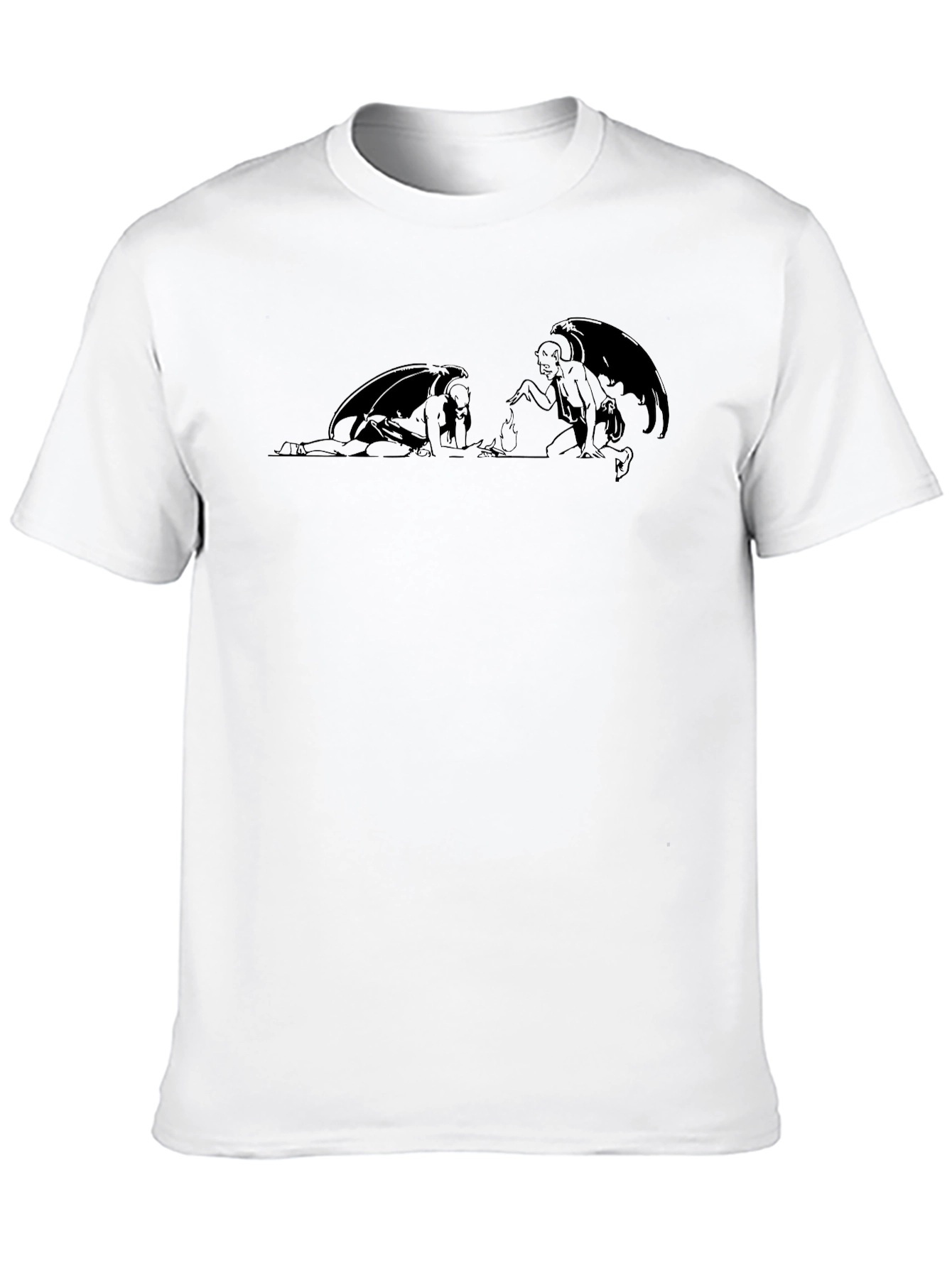 Black Graphic T-Shirt with Winged Figure Design
