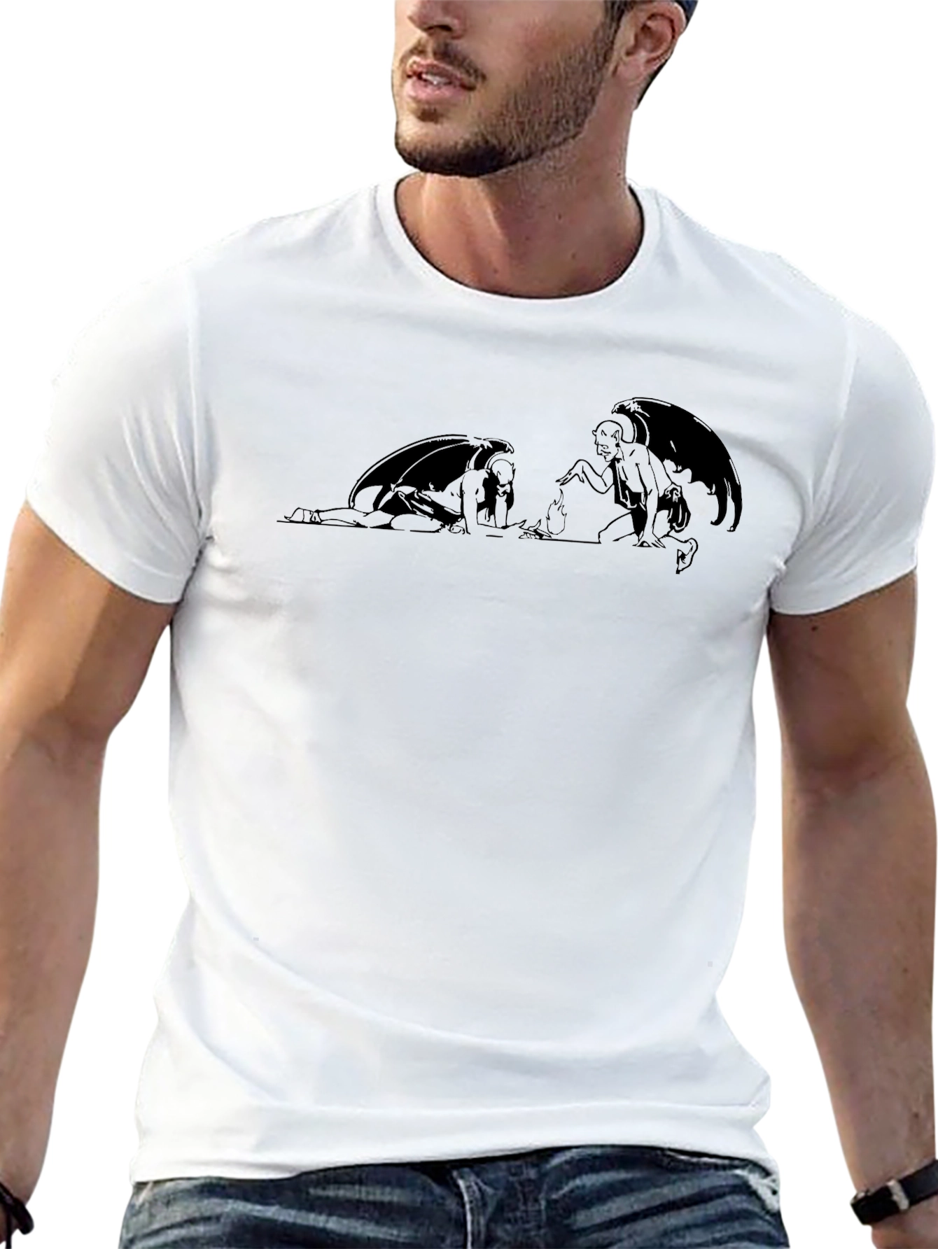 Black Graphic T-Shirt with Winged Figure Design