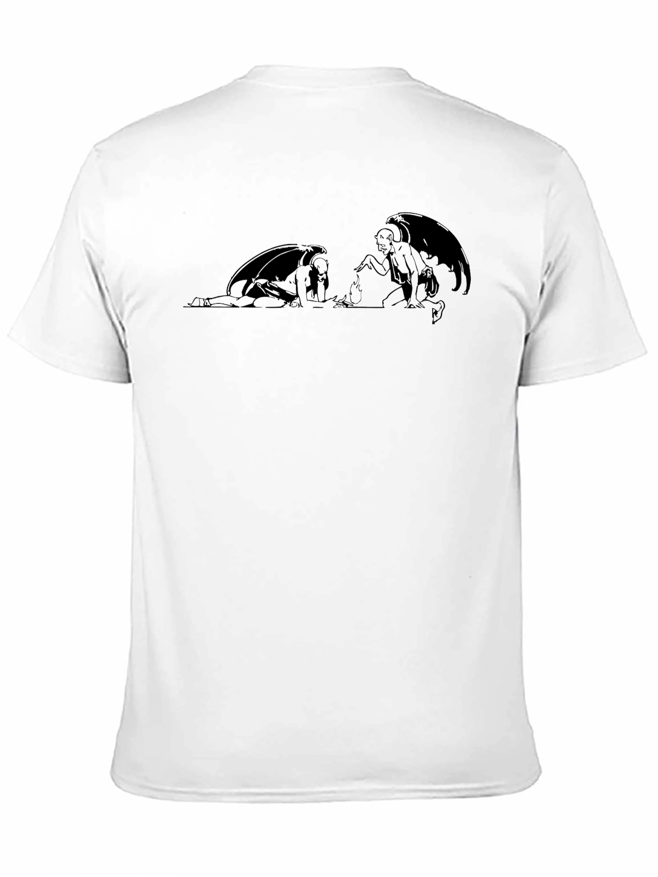 Black Graphic T-Shirt with Winged Figure Design