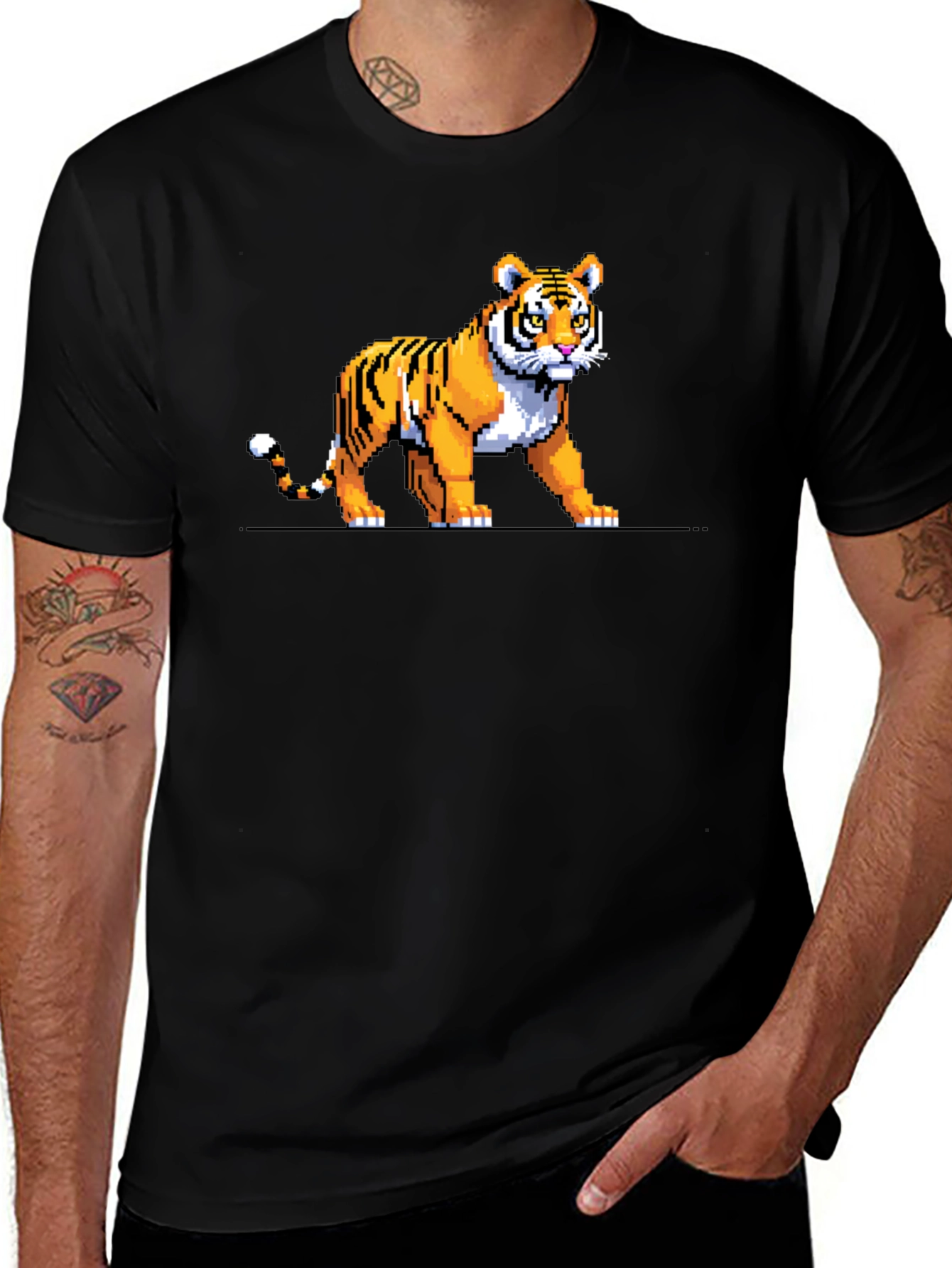Pixel Tiger Graphic Tee - Black Cotton T-Shirt