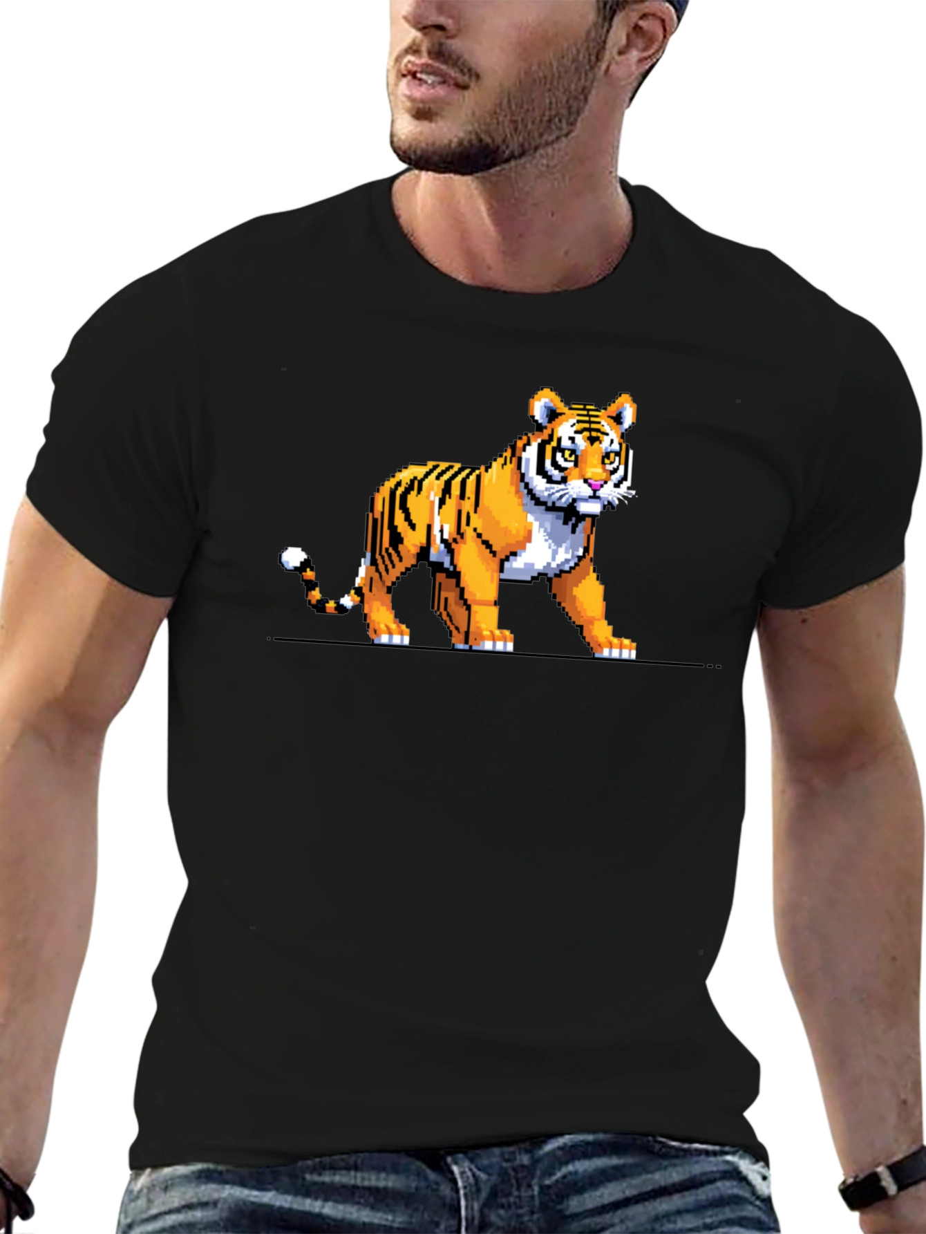 Pixel Tiger Graphic Tee - Black Cotton T-Shirt