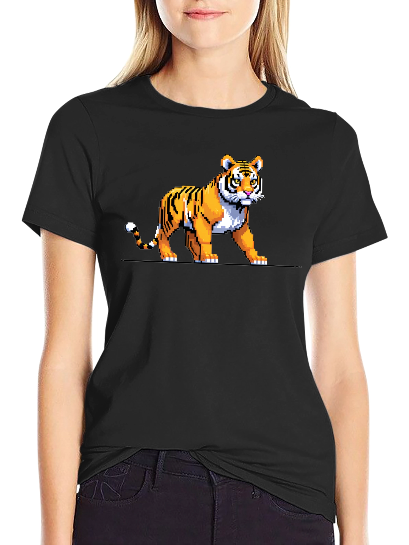 Pixel Tiger Graphic Tee - Black Cotton T-Shirt