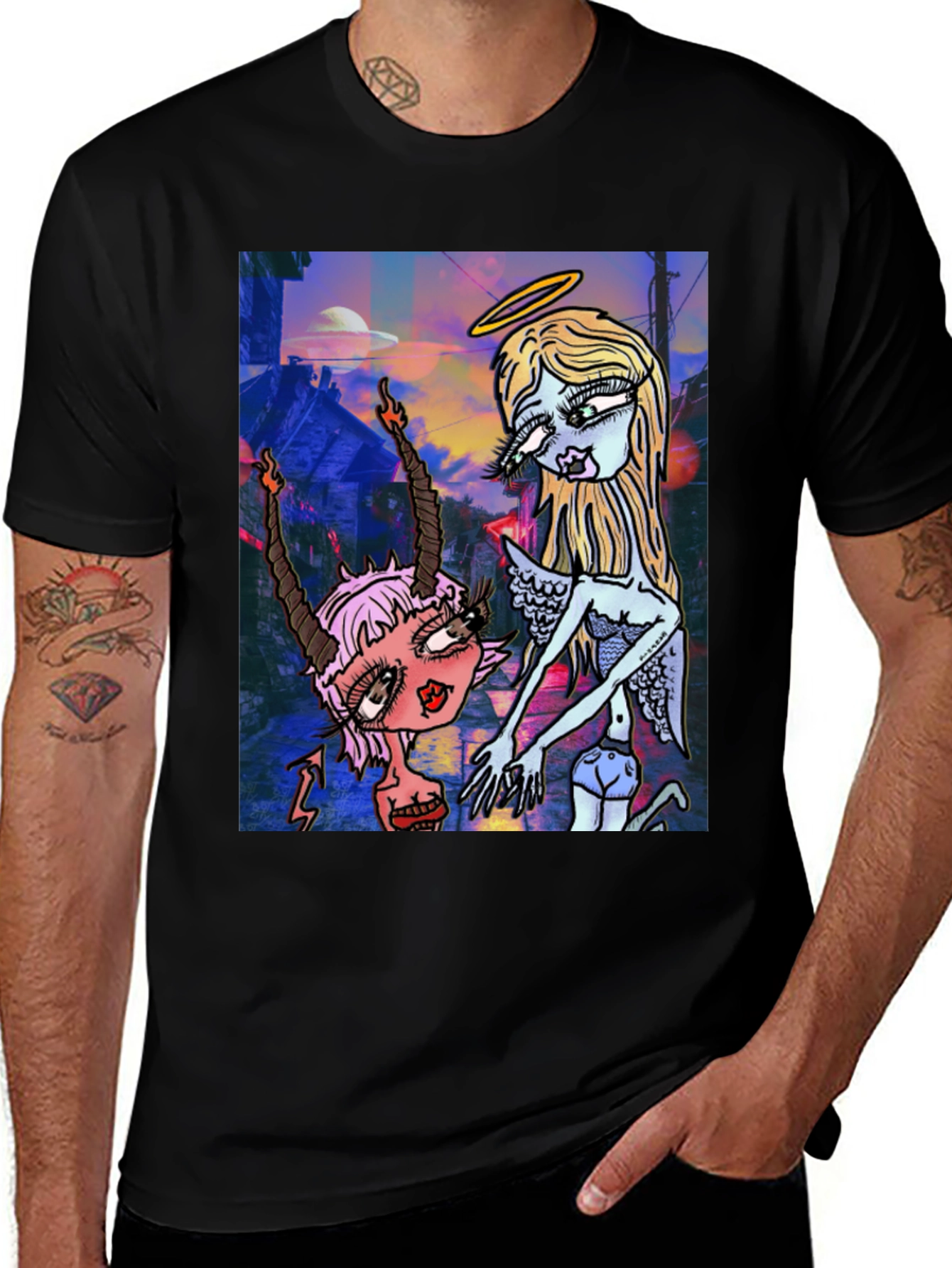 Angel and Devil Cartoon Graphic Black T-Shirt