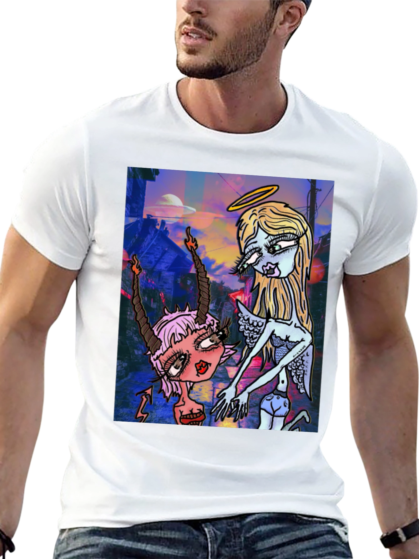 Angel and Devil Cartoon Graphic Black T-Shirt