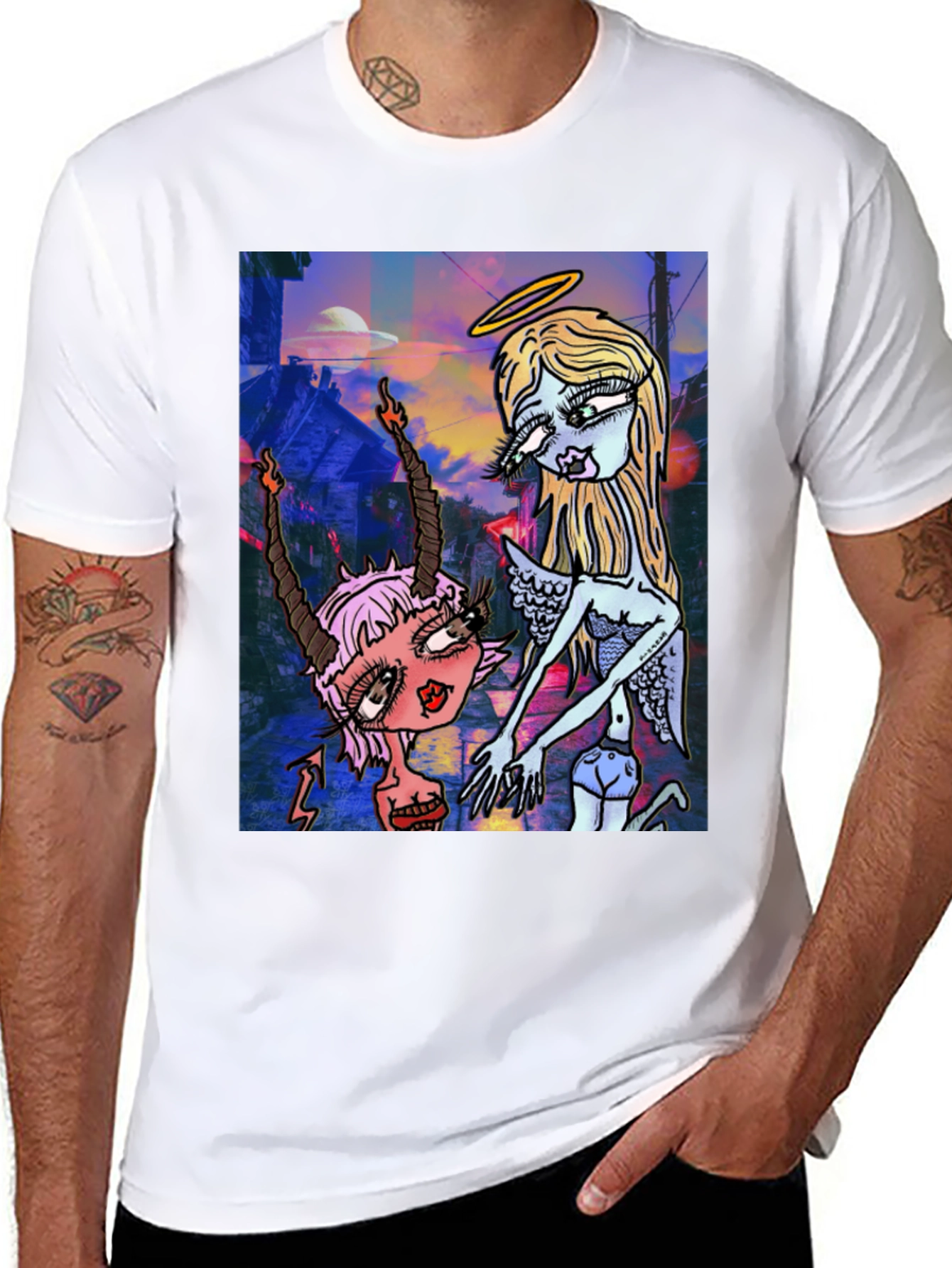 Angel and Devil Cartoon Graphic Black T-Shirt