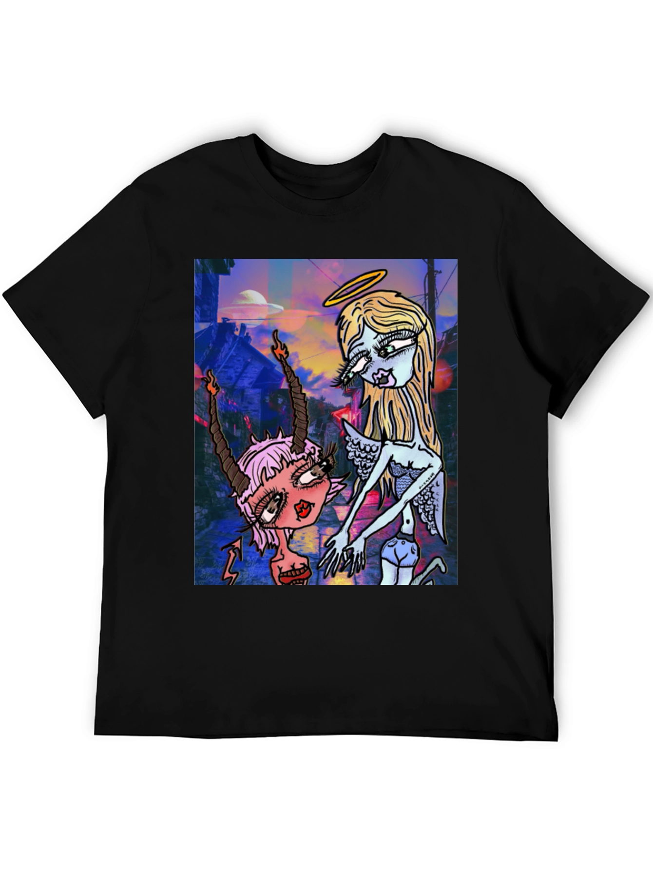 Angel and Devil Cartoon Graphic Black T-Shirt