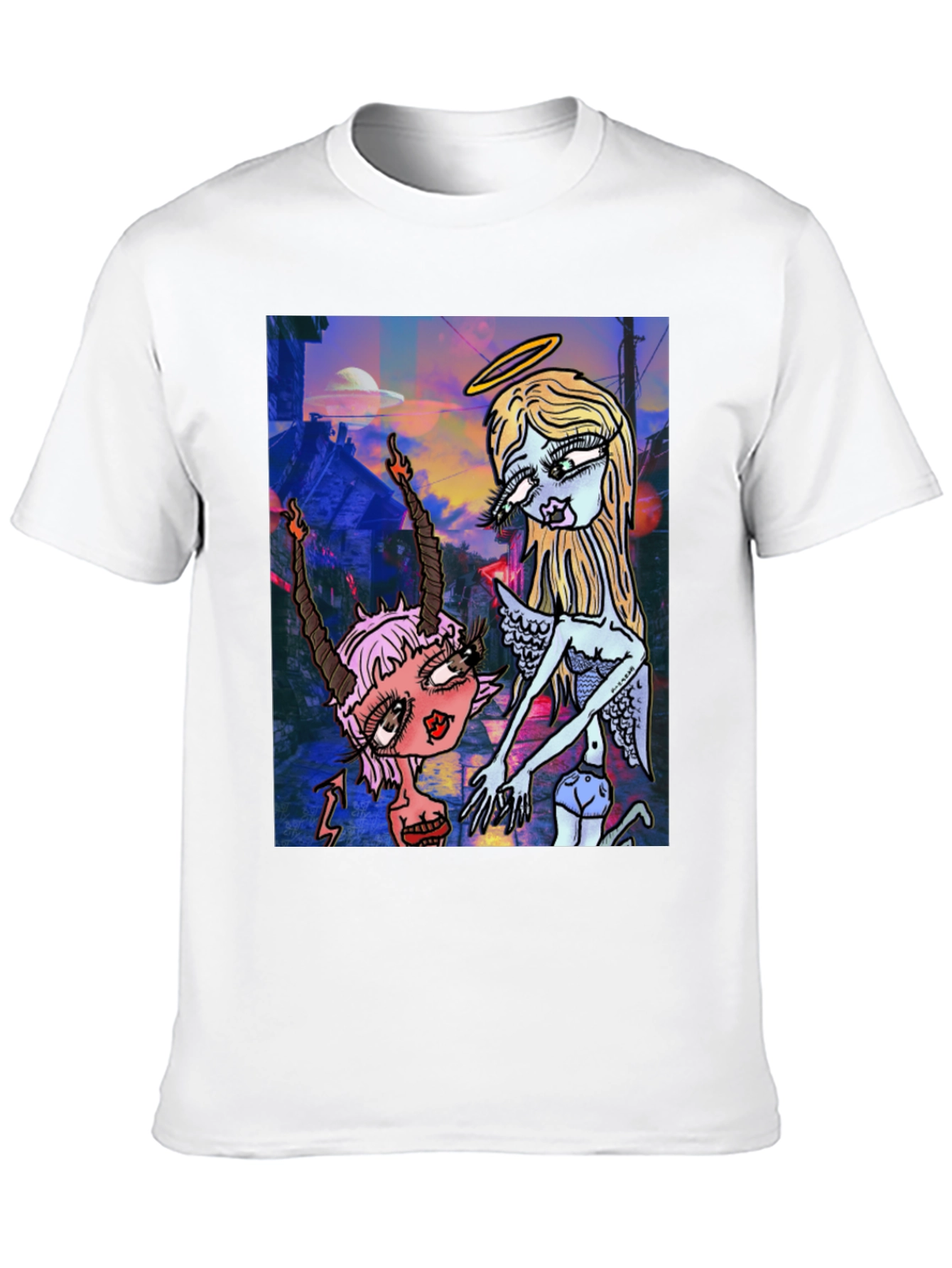 Angel and Devil Cartoon Graphic Black T-Shirt