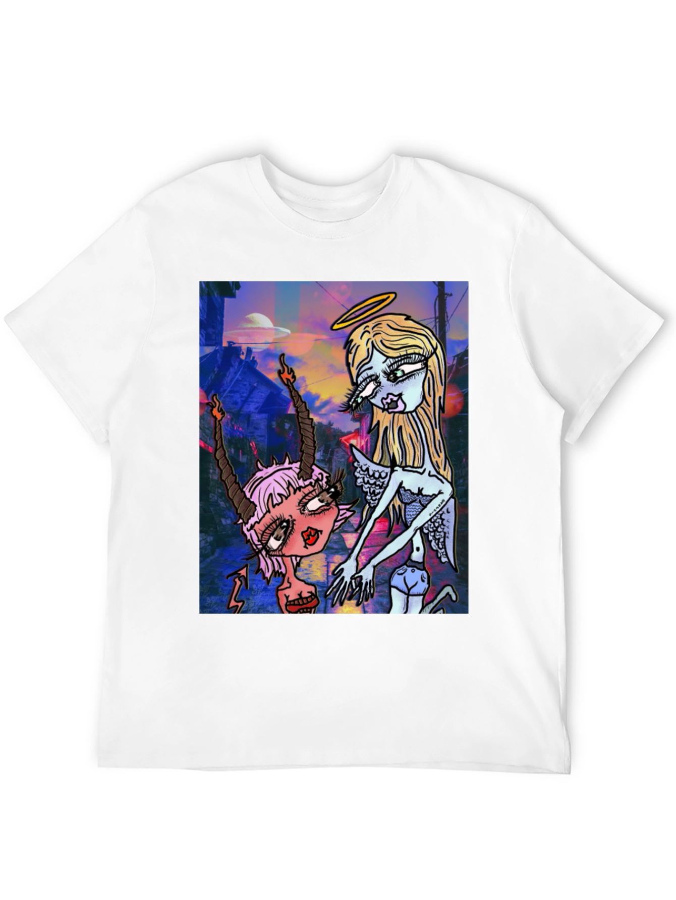 Angel and Devil Cartoon Graphic Black T-Shirt