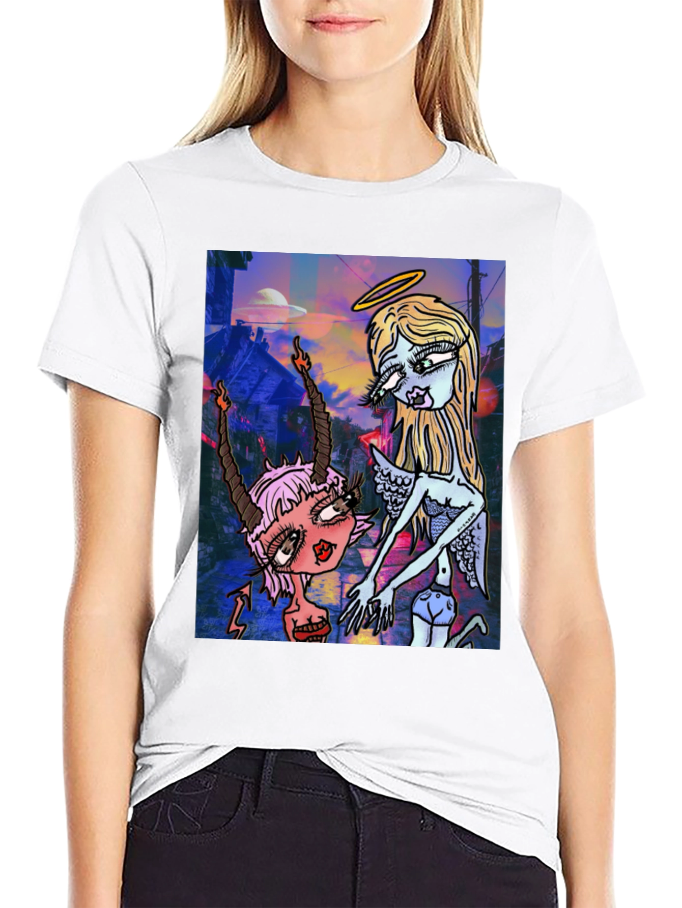 Angel and Devil Cartoon Graphic Black T-Shirt