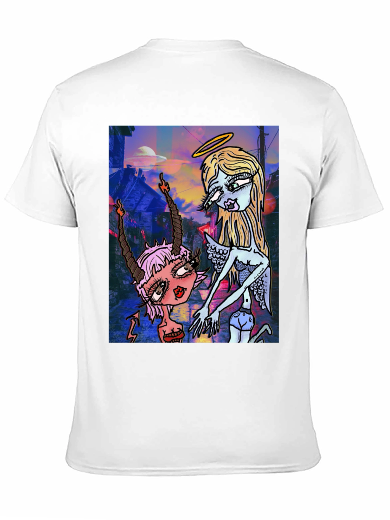 Angel and Devil Cartoon Graphic Black T-Shirt