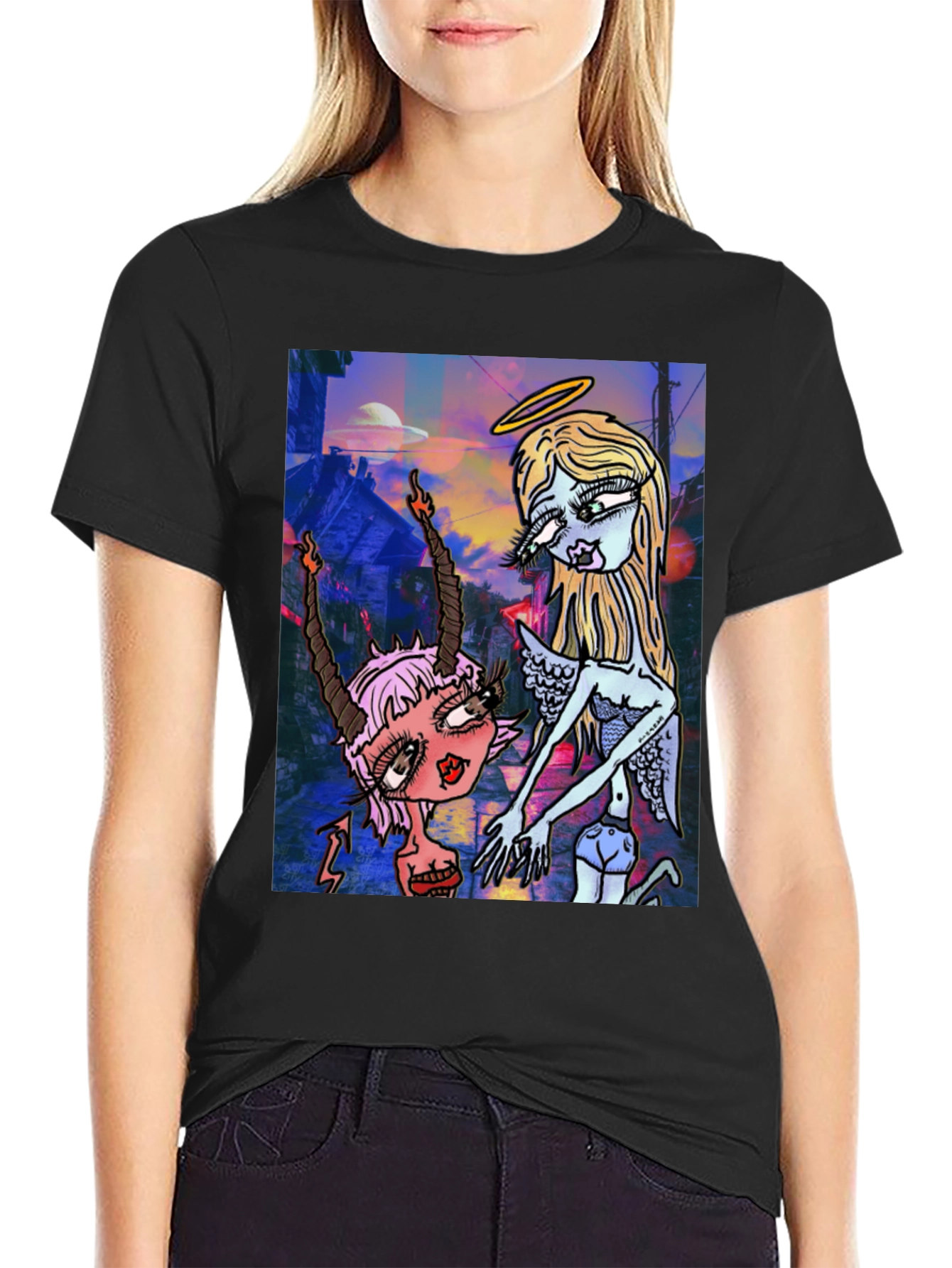 Angel and Devil Cartoon Graphic Black T-Shirt