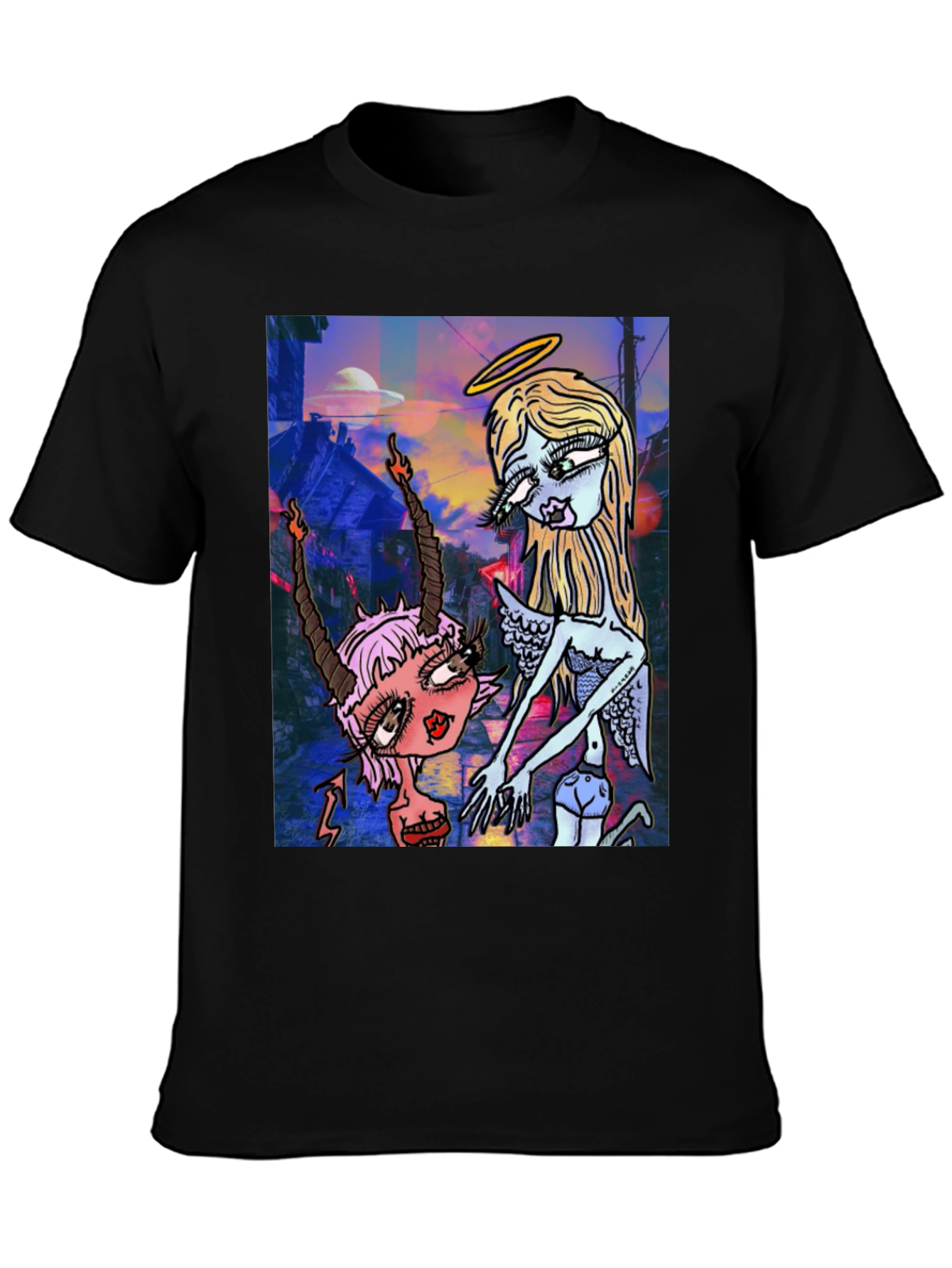 Angel and Devil Cartoon Graphic Black T-Shirt