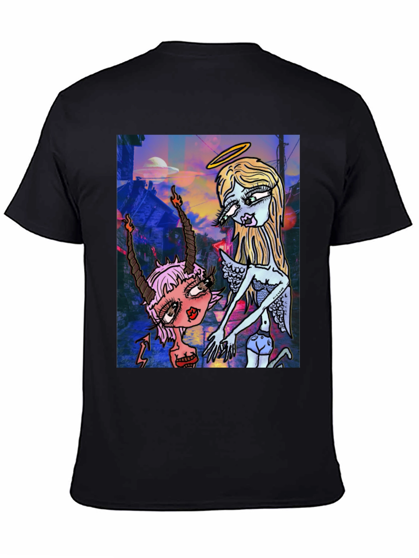 Angel and Devil Cartoon Graphic Black T-Shirt