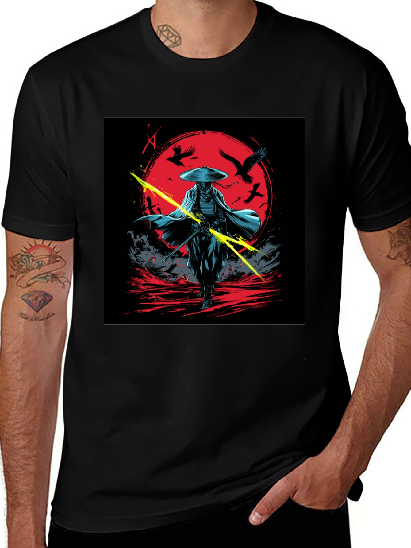 Samurai Warrior Graphic Tee - Black Cotton Shirt
