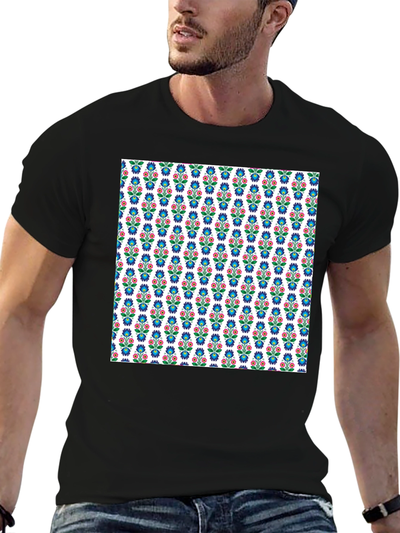Floral Pattern Black T-Shirt